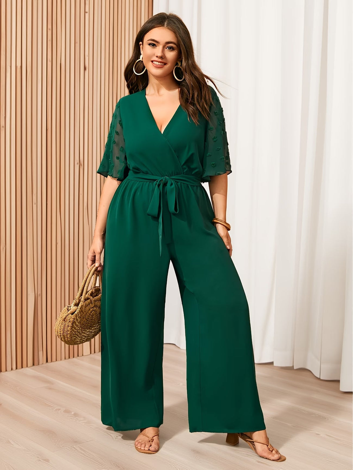 CurveBloom Plus Size Floral Wide-Leg Jumpsuit with Tie Belt