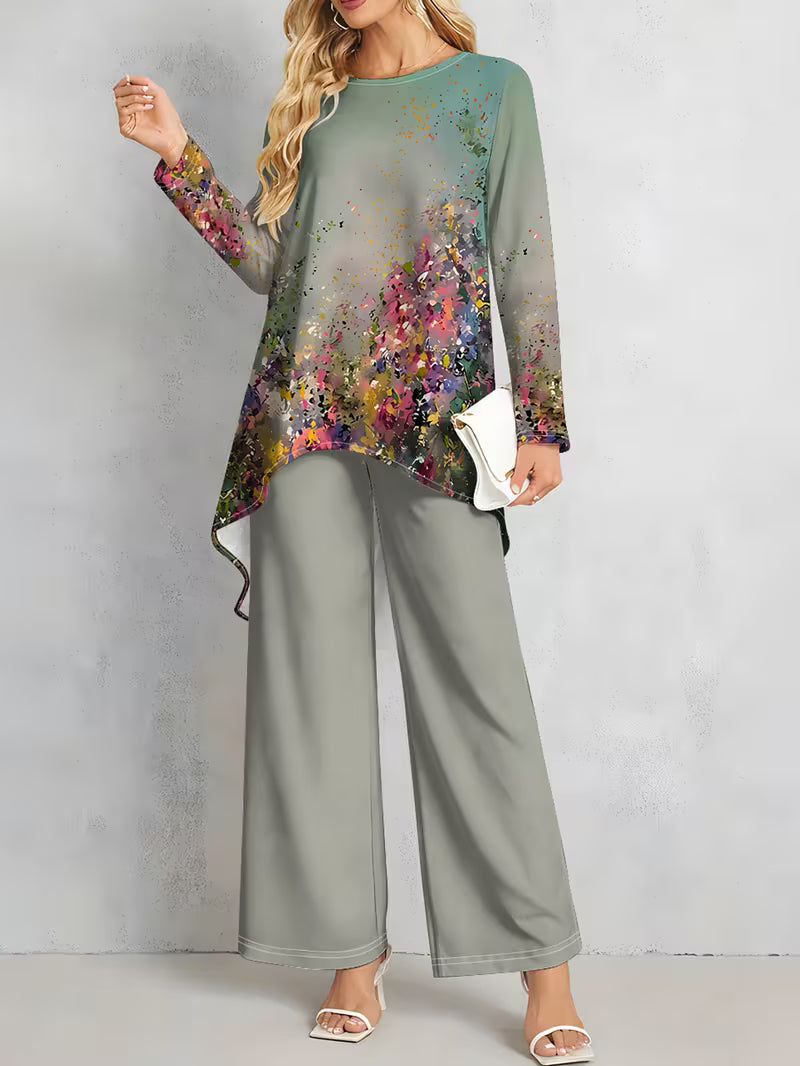 Women’s Long-Sleeve Floral Suit – Light Red Flowers on Gray, Casual & Vacation Wear