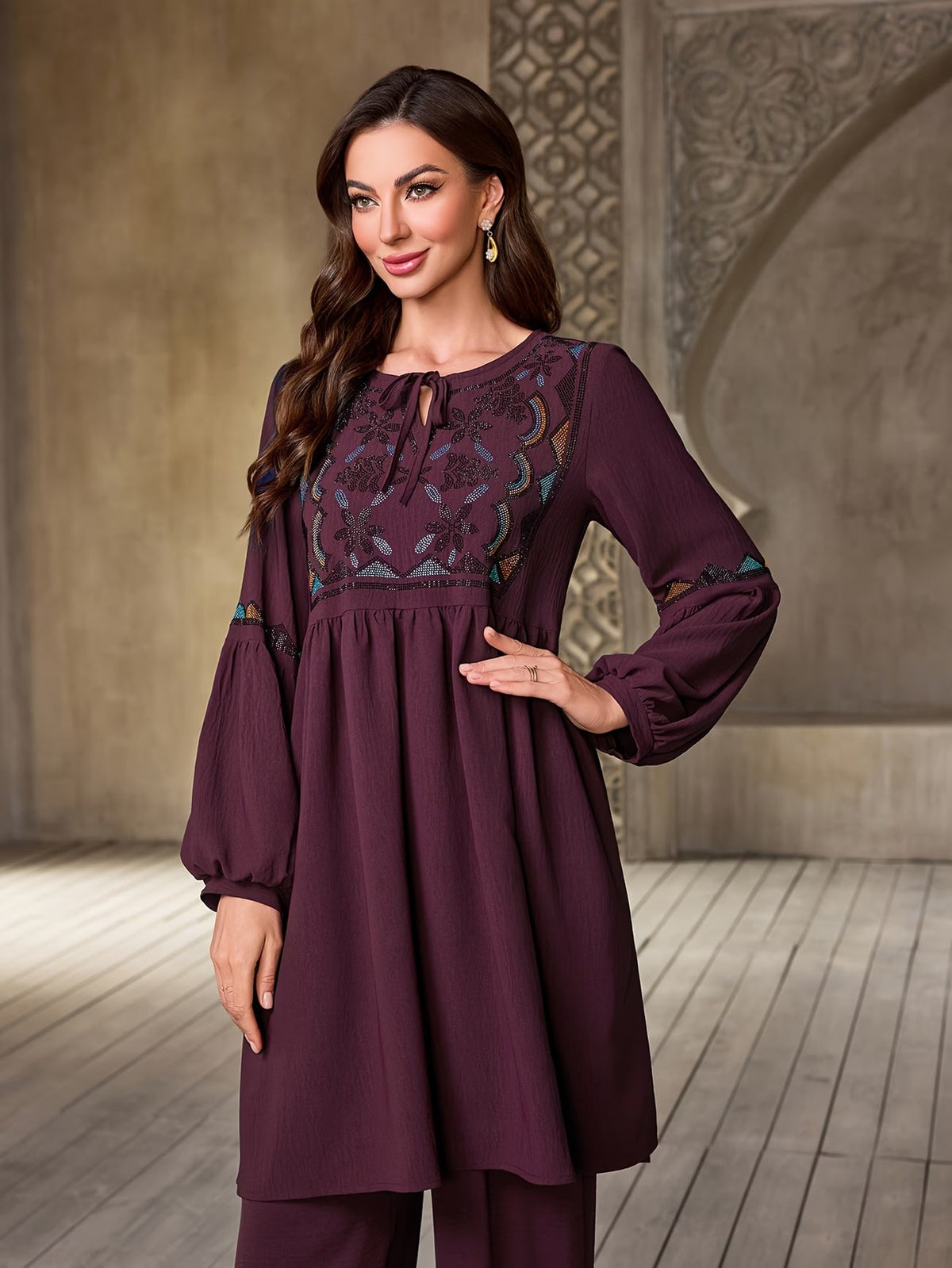 Women's Elegant Rhinestone Detail Long Sleeve Top & Wide-Leg Pants Set