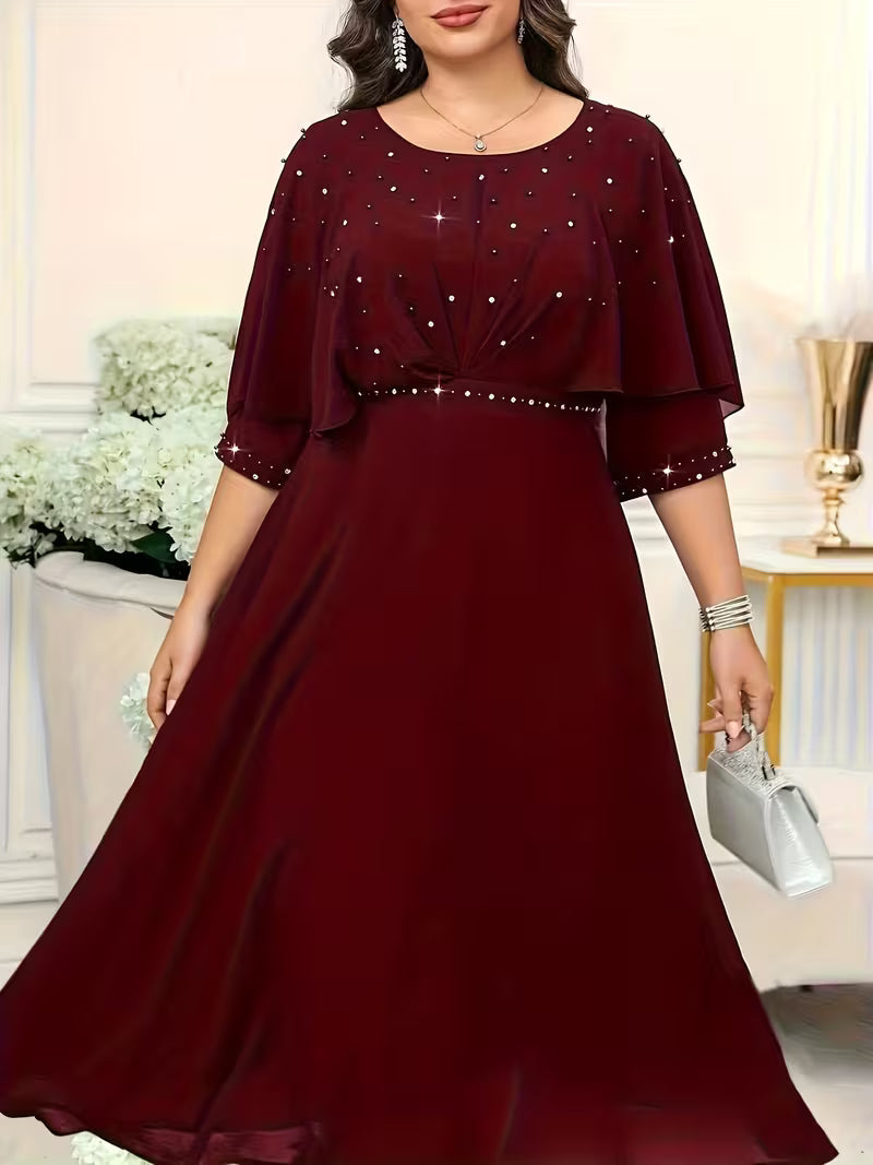 Plus Size Women’s Elegant Rhinestone Collar Dress