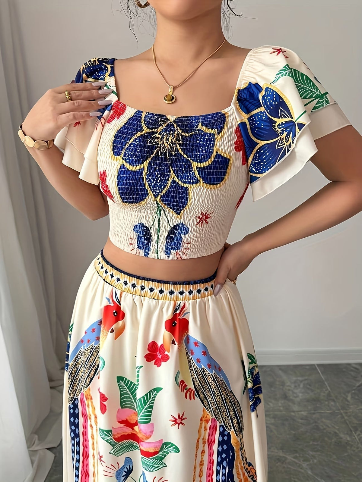 Women Summer Floral Top + Long Skirt Set