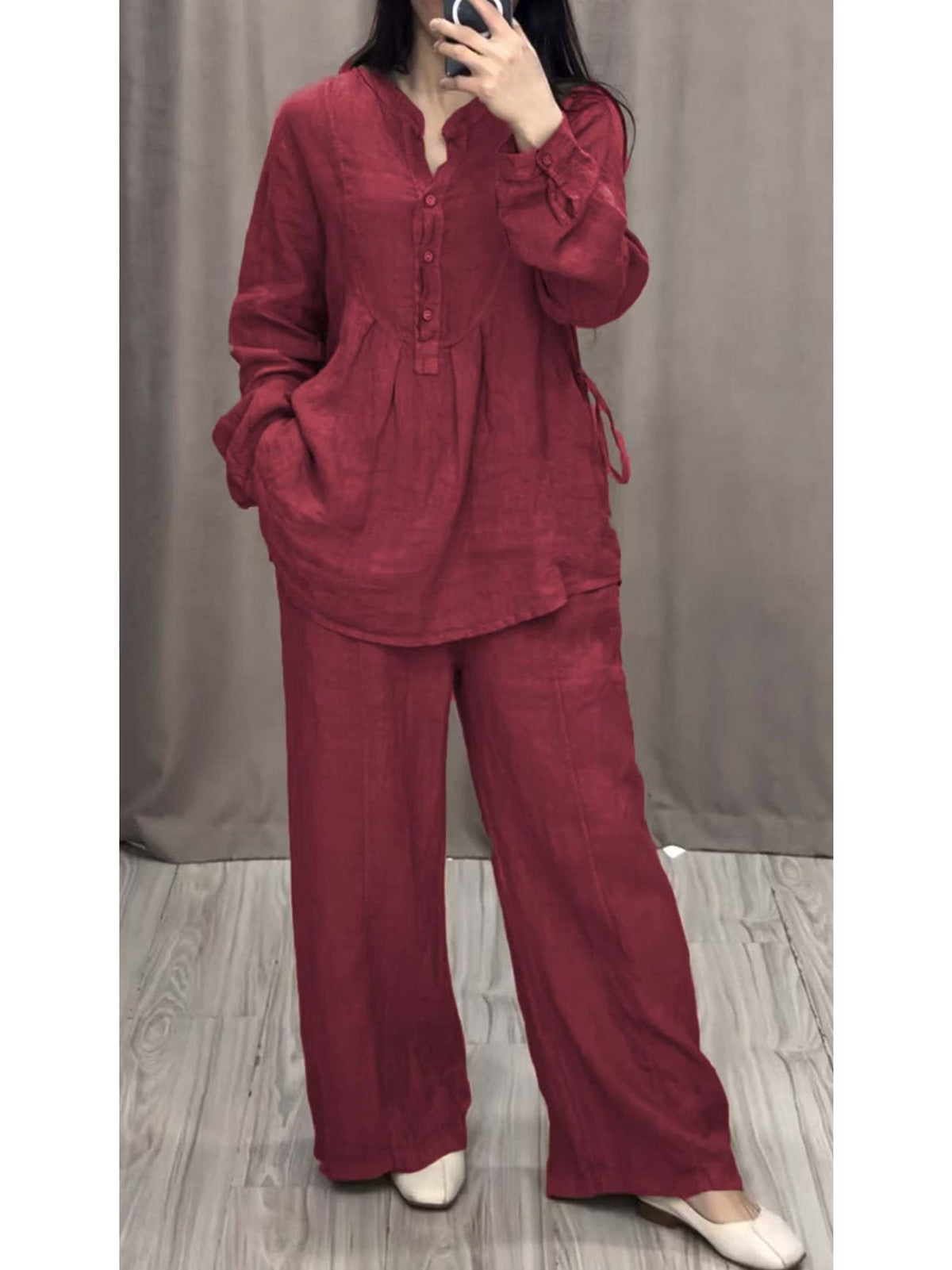 Women's Linen Blend Pleated Shirt & Wide-Leg Trouser Co-Ord Set