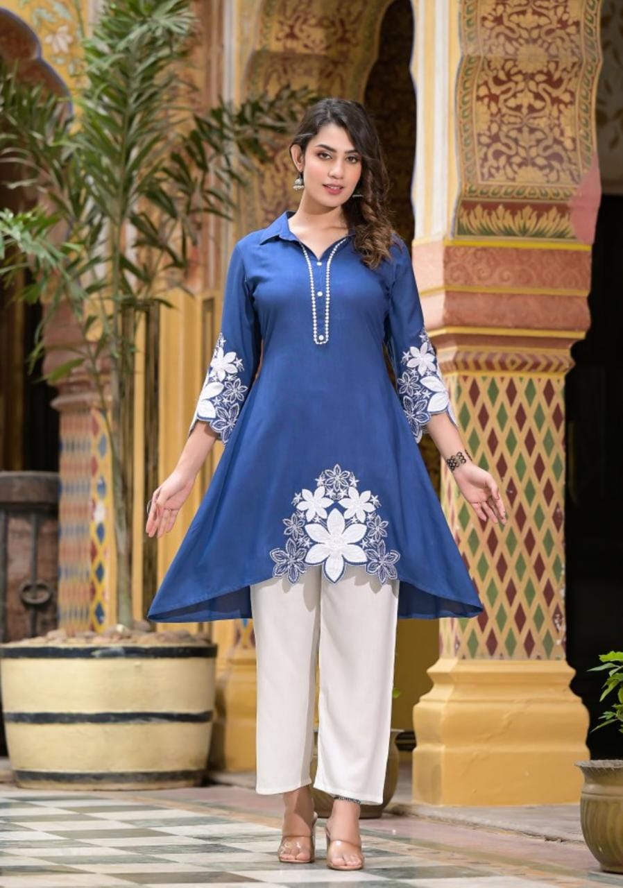 Rayon Kurti Set with Hand Embroidery and Lace Detailing