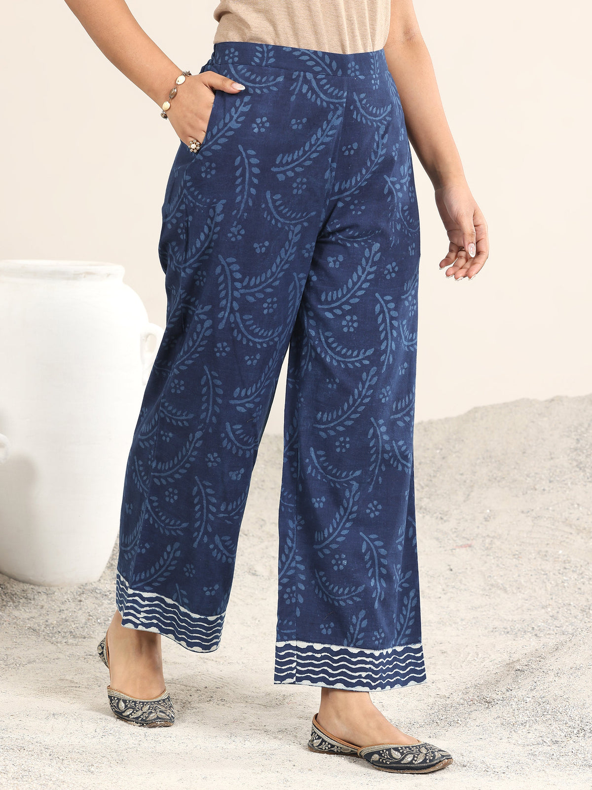 Anouk Indigo Printed Cotton Straight Suit With Dupatta