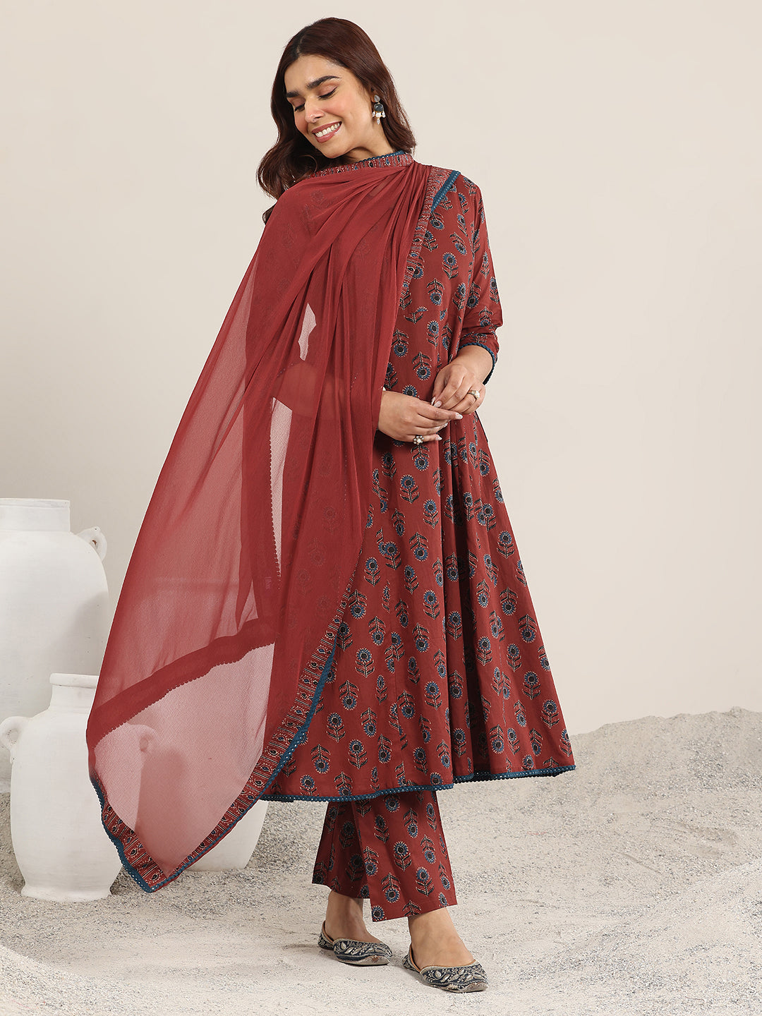 Anouk Maroon Printed Cotton A-Line Suit With Dupatta