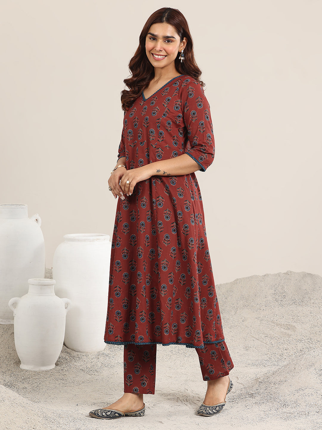 Anouk Maroon Printed Cotton A-Line Suit With Dupatta