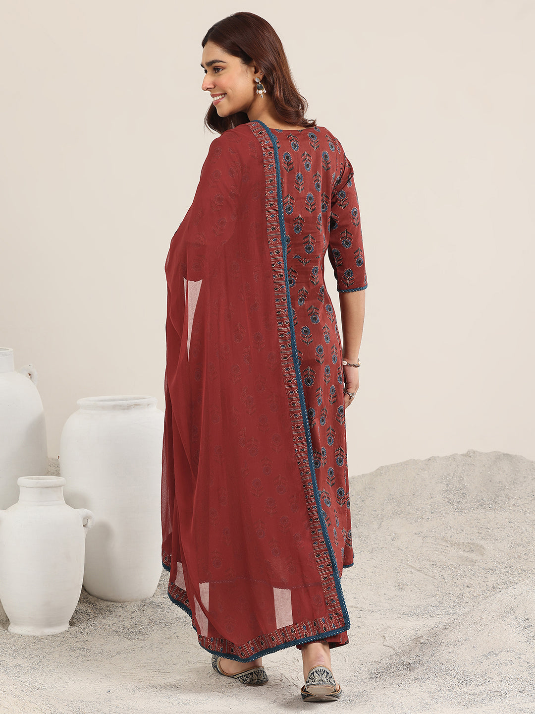 Anouk Maroon Printed Cotton A-Line Suit With Dupatta