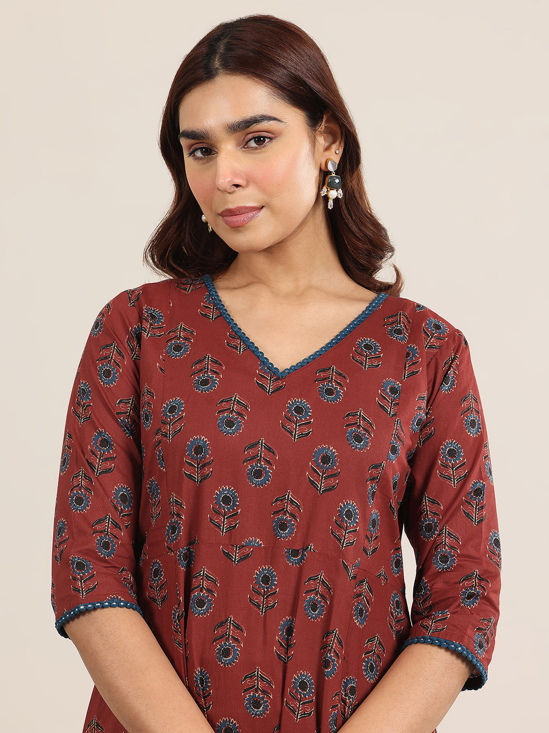 Anouk Maroon Printed Cotton A-Line Suit With Dupatta