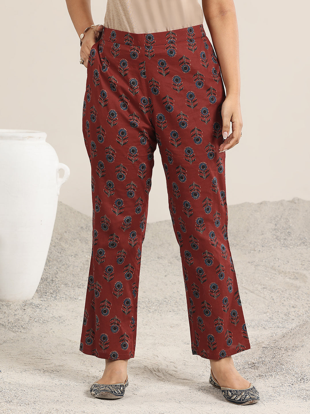 Anouk Maroon Printed Cotton A-Line Suit With Dupatta