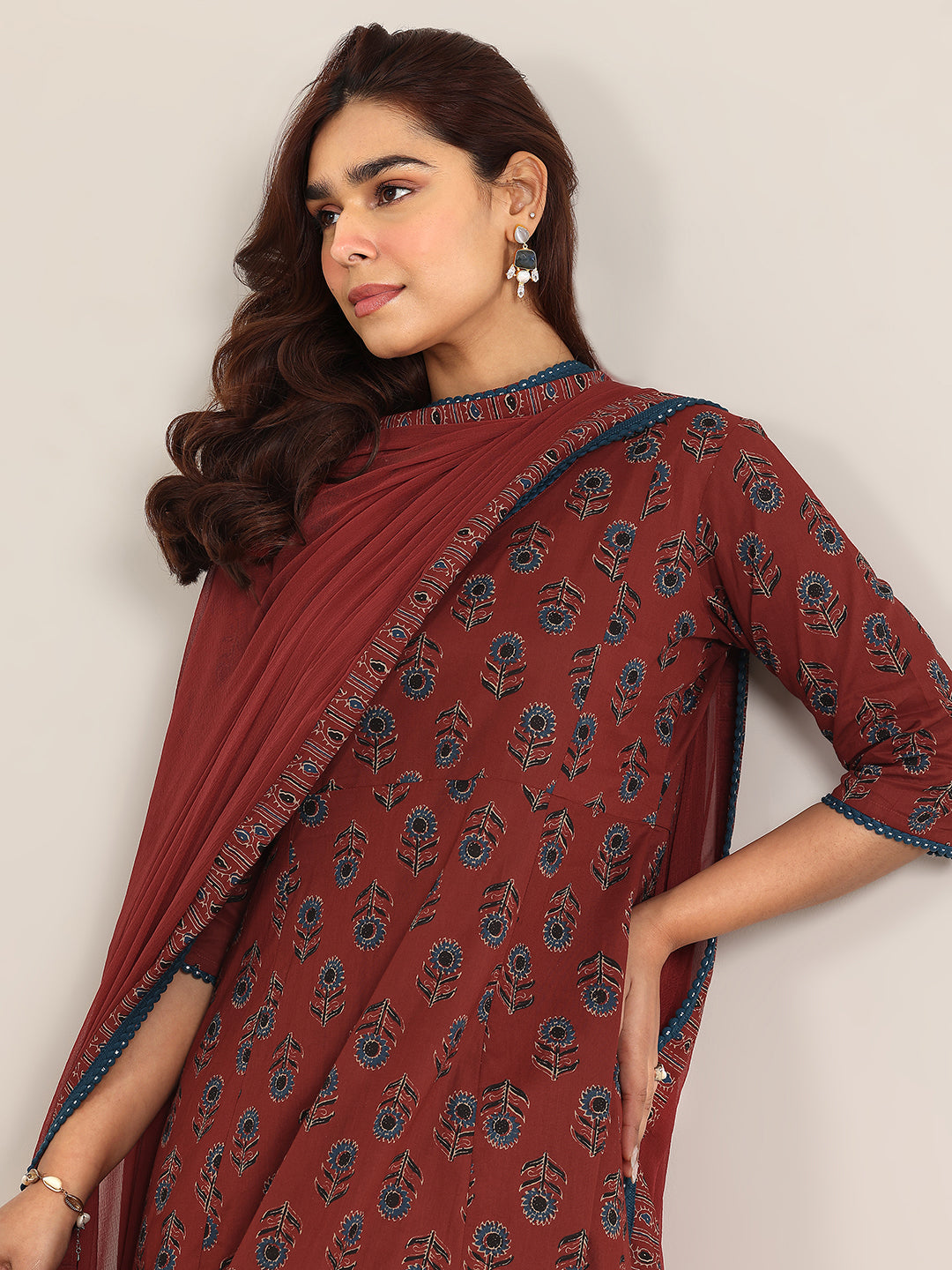 Anouk Maroon Printed Cotton A-Line Suit With Dupatta