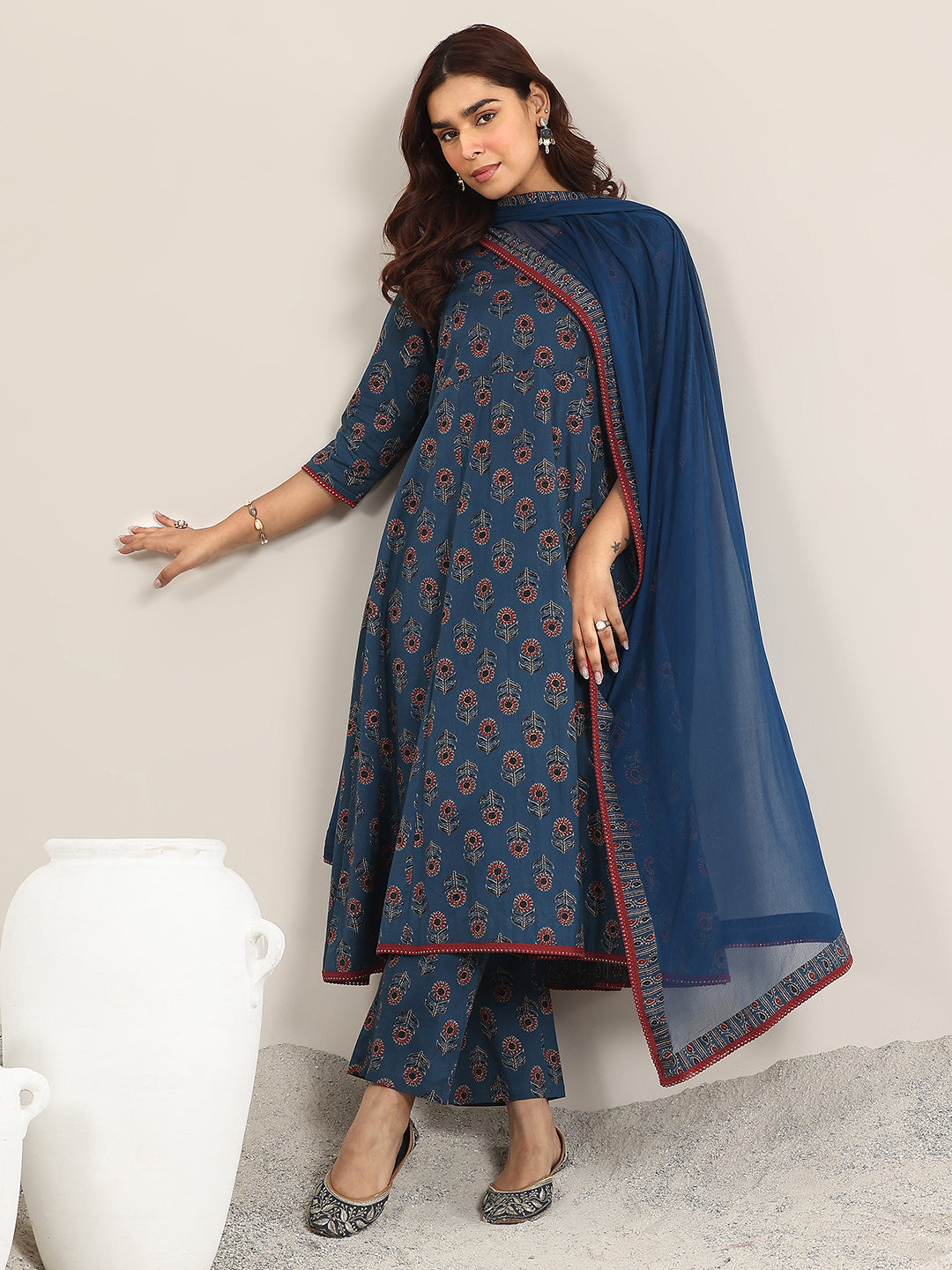 Anouk Navy Blue Printed Cotton A-Line Suit With Dupatta