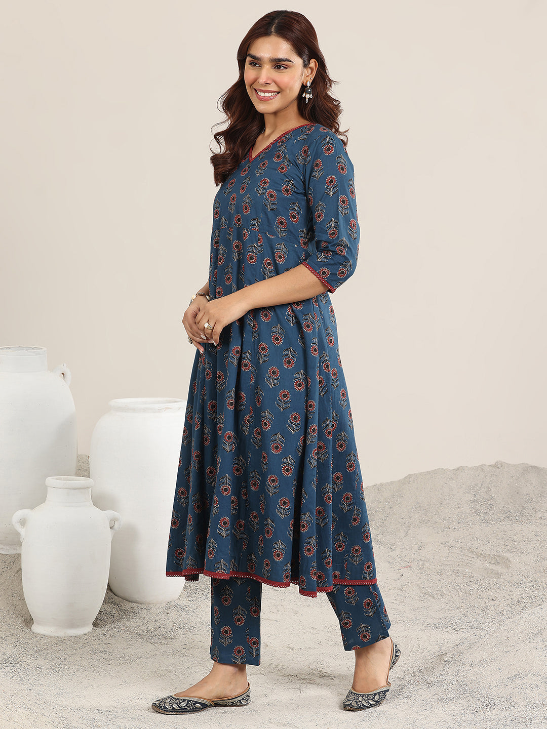 Anouk Navy Blue Printed Cotton A-Line Suit With Dupatta