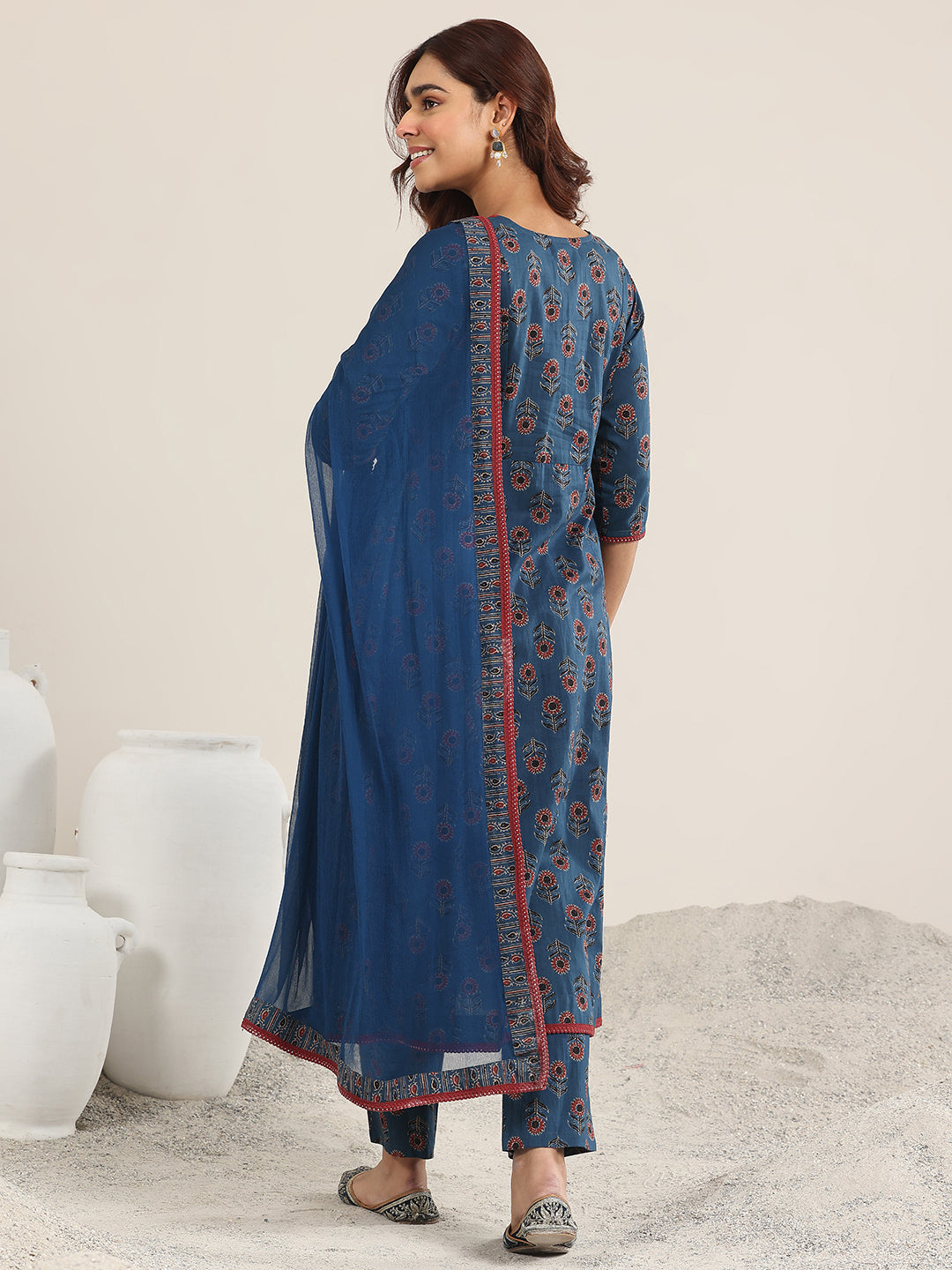 Anouk Navy Blue Printed Cotton A-Line Suit With Dupatta