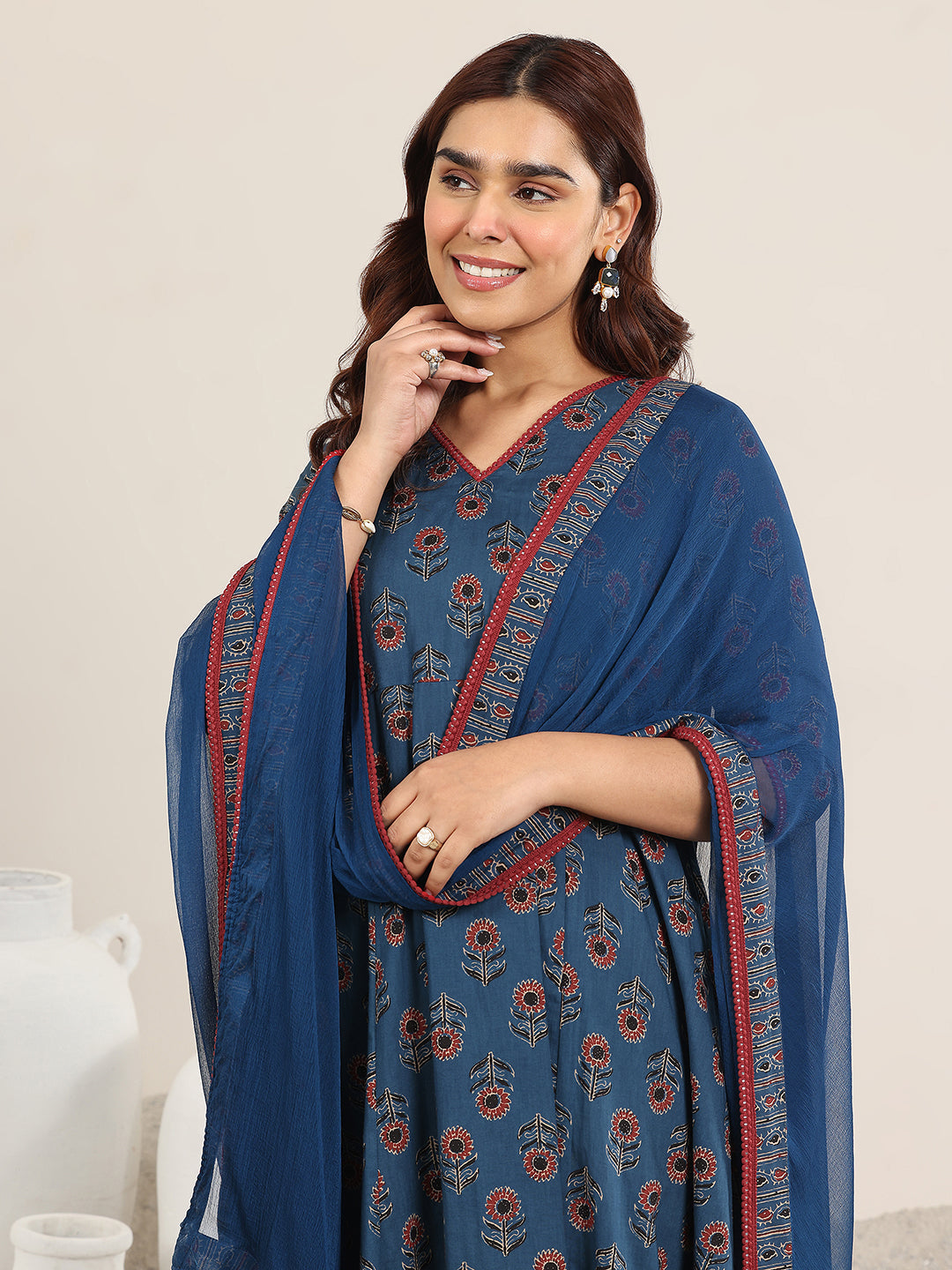 Anouk Navy Blue Printed Cotton A-Line Suit With Dupatta