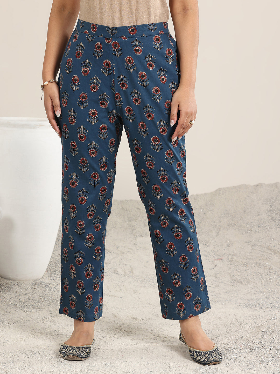 Anouk Navy Blue Printed Cotton A-Line Suit With Dupatta