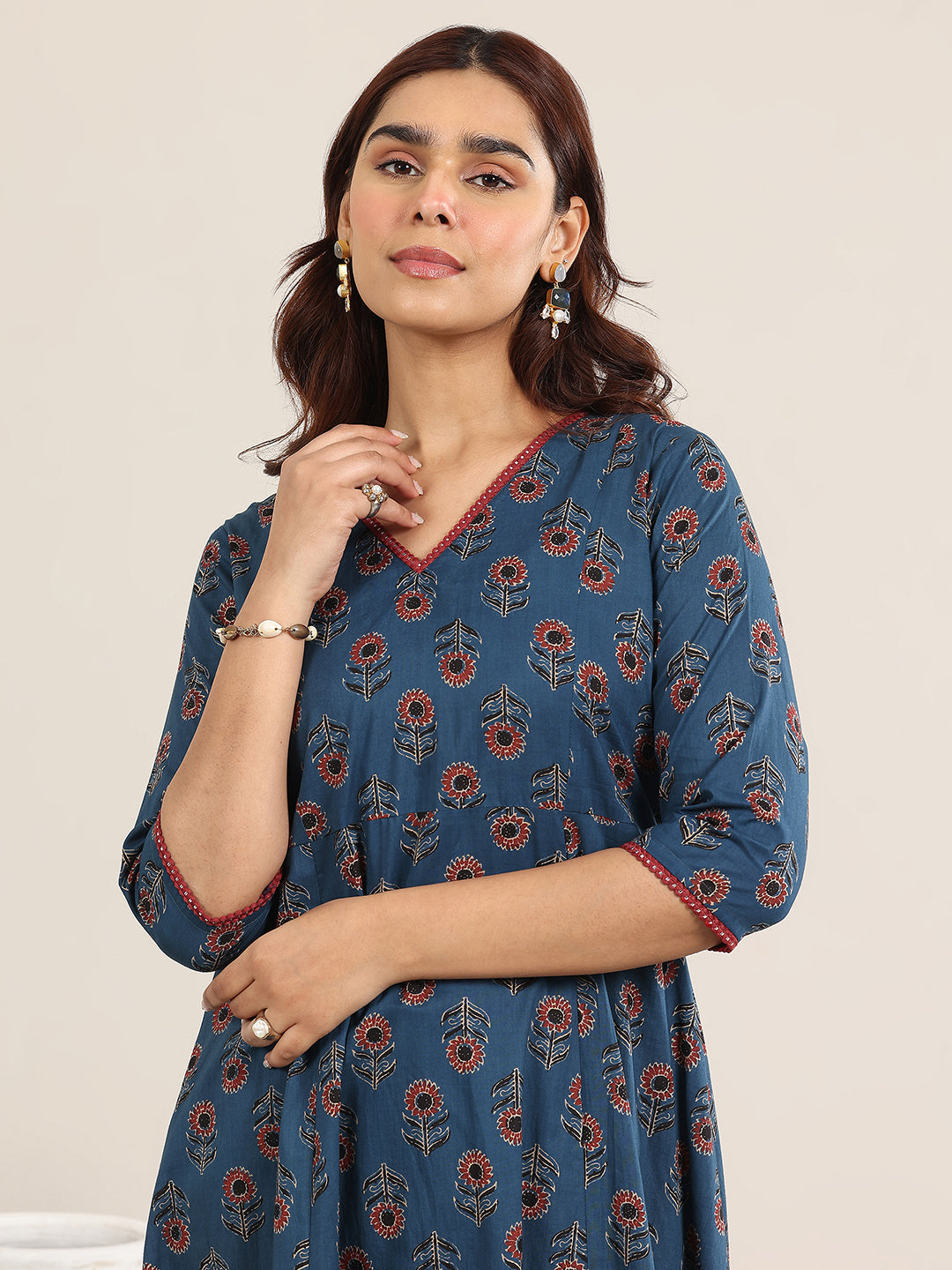 Anouk Navy Blue Printed Cotton A-Line Suit With Dupatta
