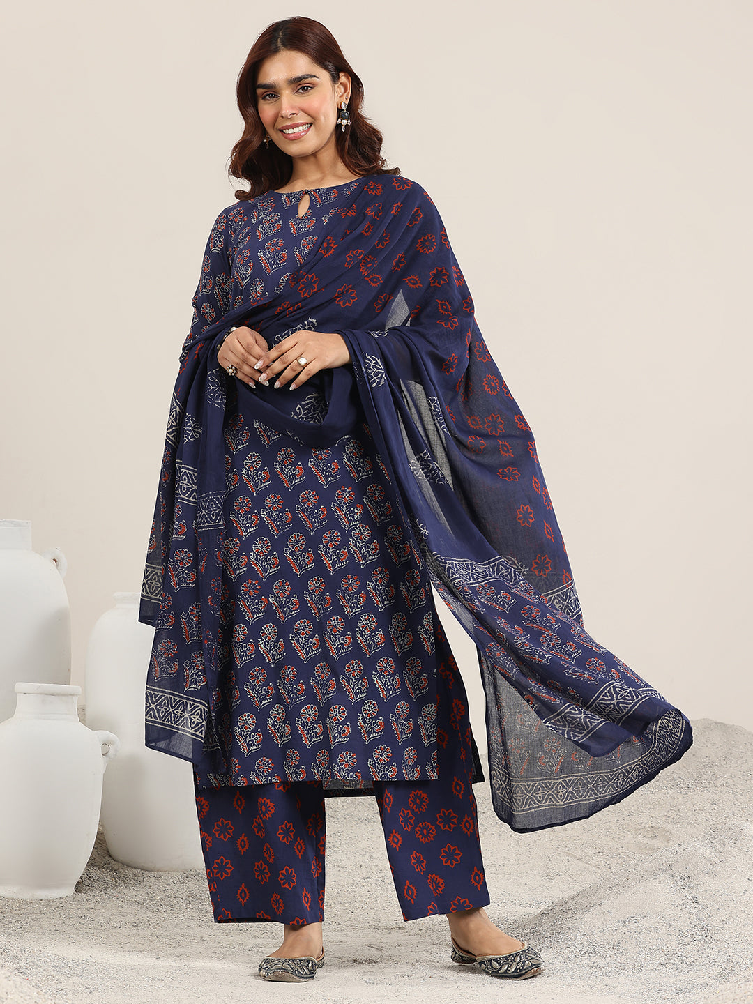 Anouk Blue Printed Cotton Straight Suit With Dupatta