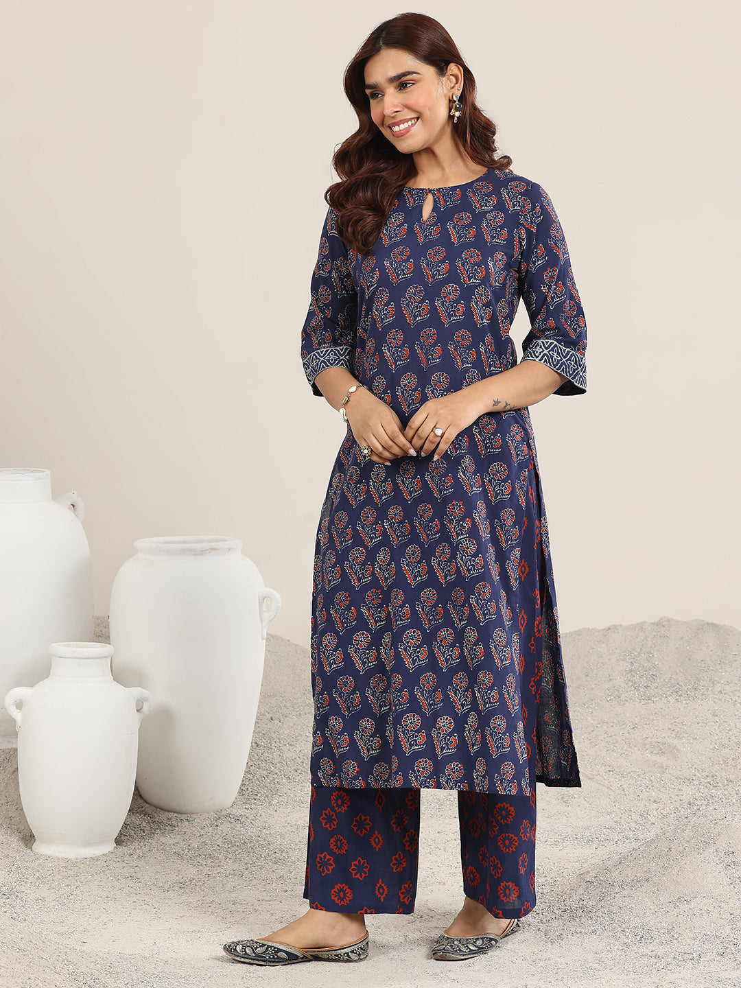 Anouk Blue Printed Cotton Straight Suit With Dupatta