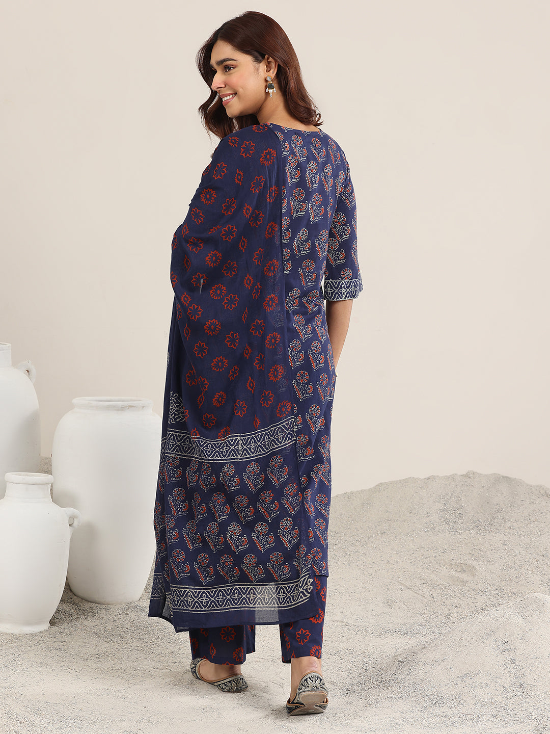 Anouk Blue Printed Cotton Straight Suit With Dupatta