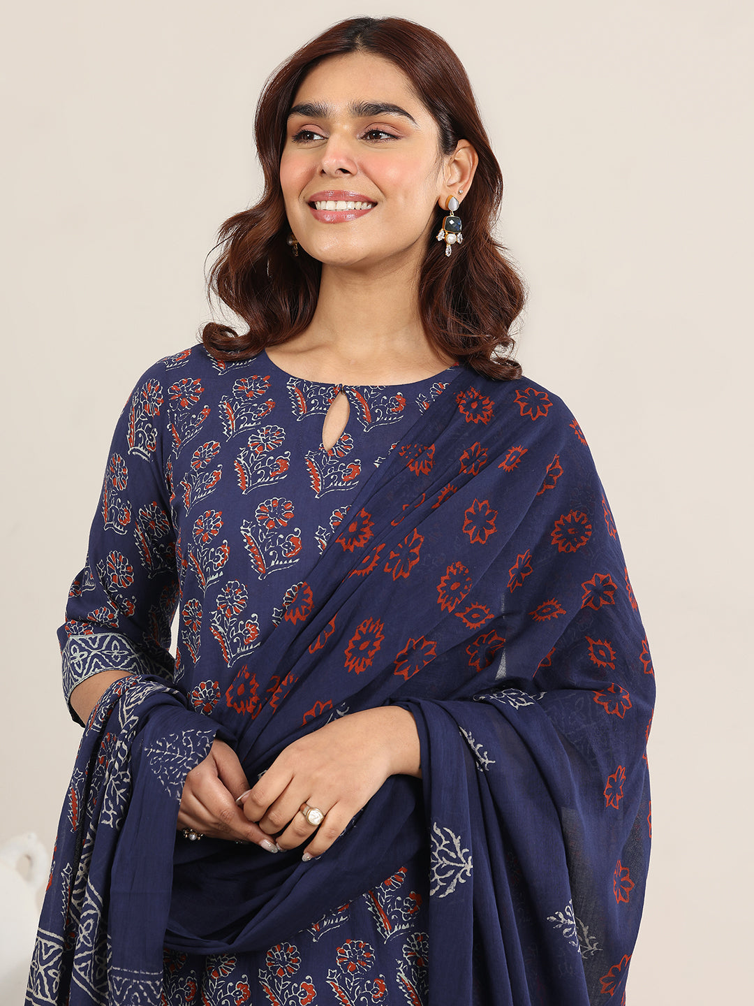 Anouk Blue Printed Cotton Straight Suit With Dupatta