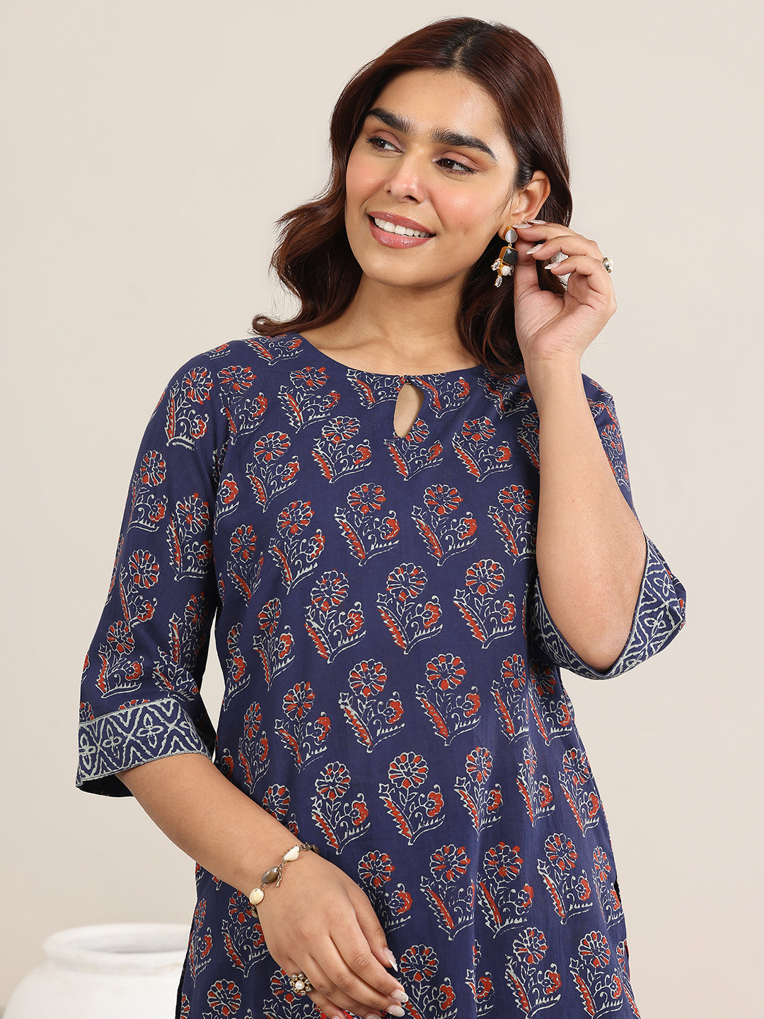 Anouk Blue Printed Cotton Straight Suit With Dupatta