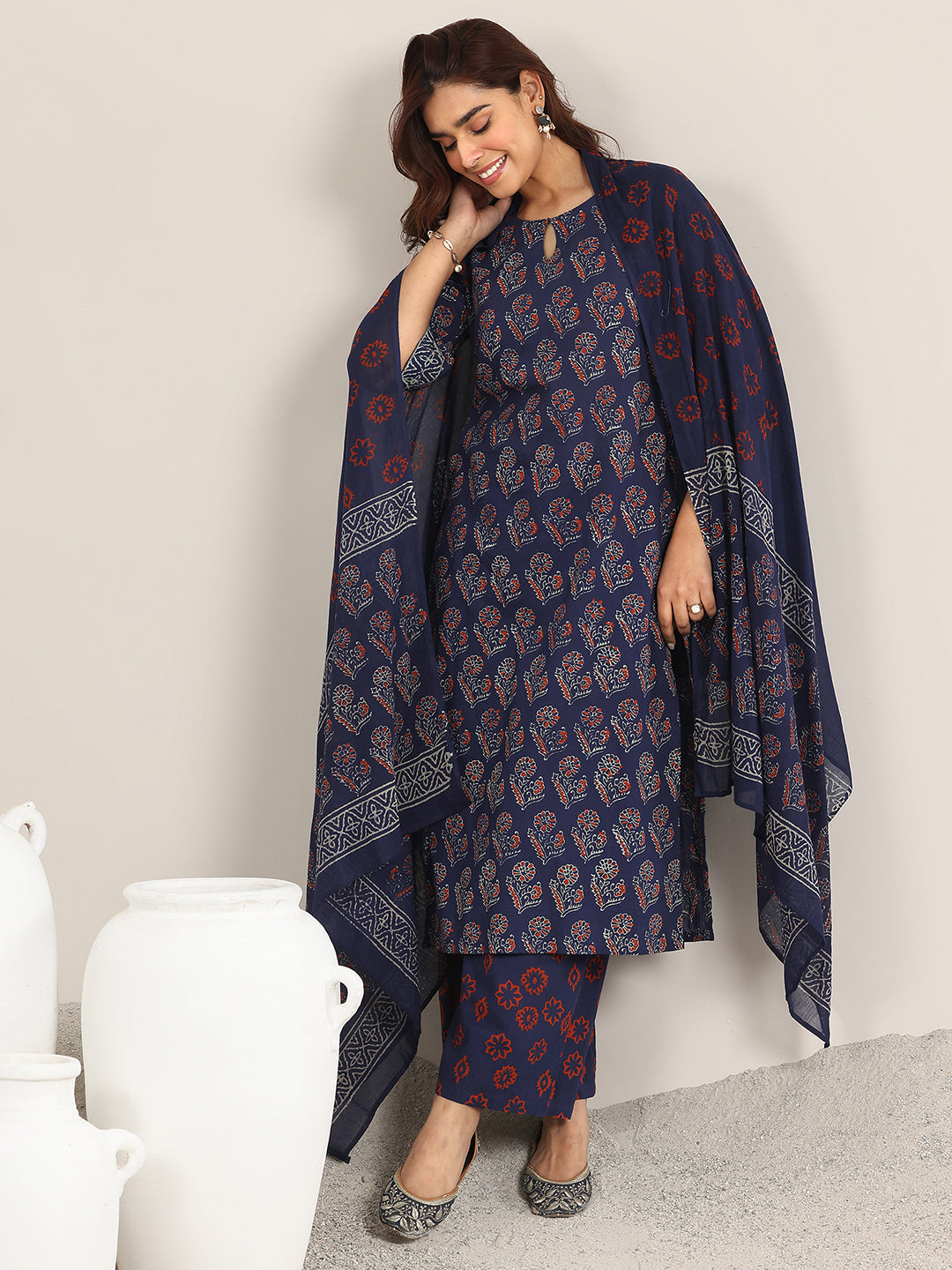 Anouk Blue Printed Cotton Straight Suit With Dupatta