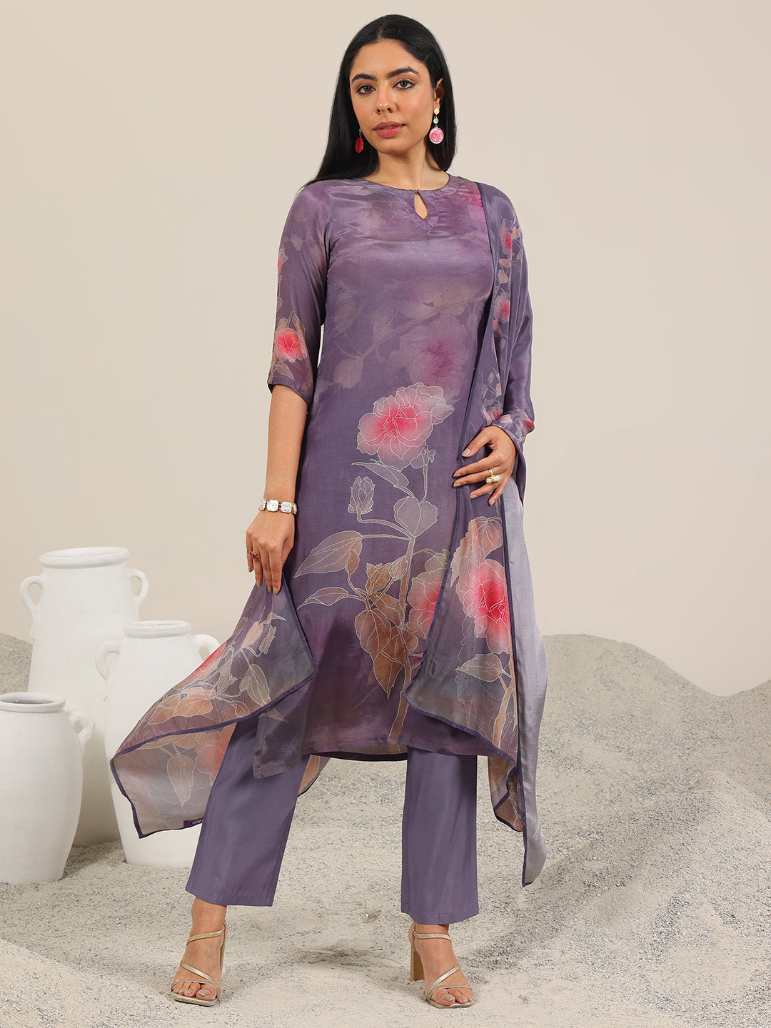 Anouk Mauve Printed Silk Blend Straight Suit With Dupatta