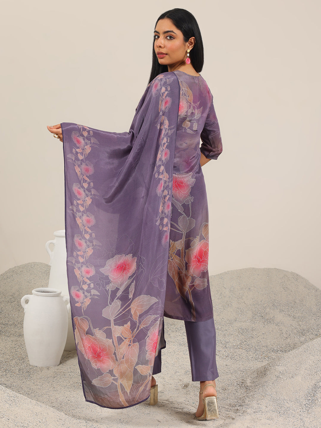 Anouk Mauve Printed Silk Blend Straight Suit With Dupatta