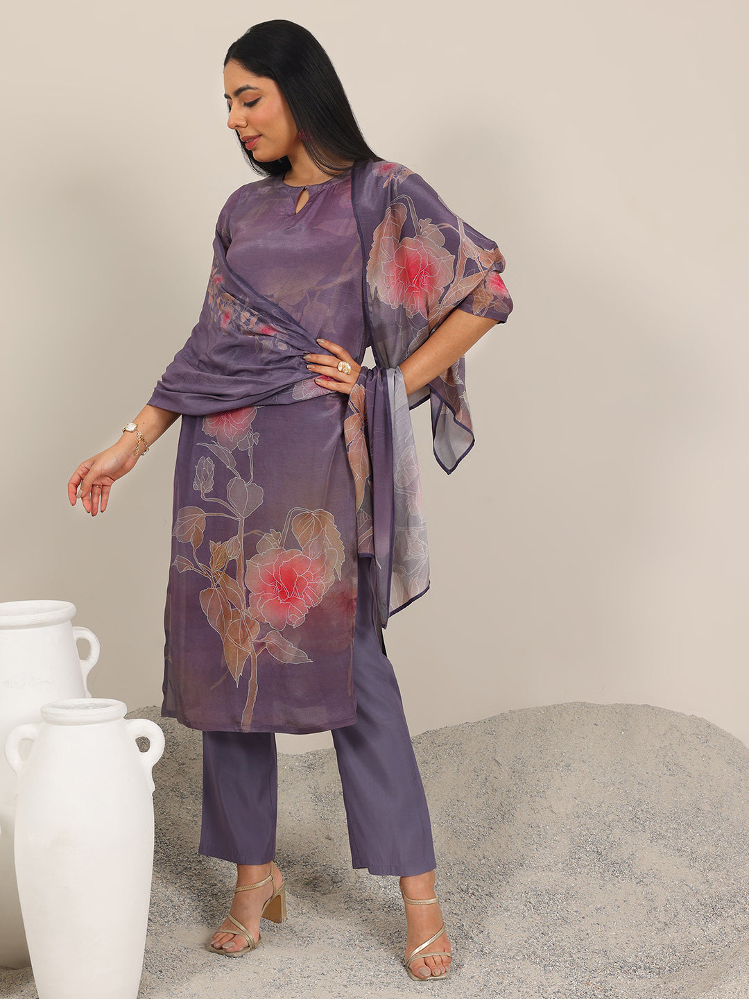 Anouk Mauve Printed Silk Blend Straight Suit With Dupatta
