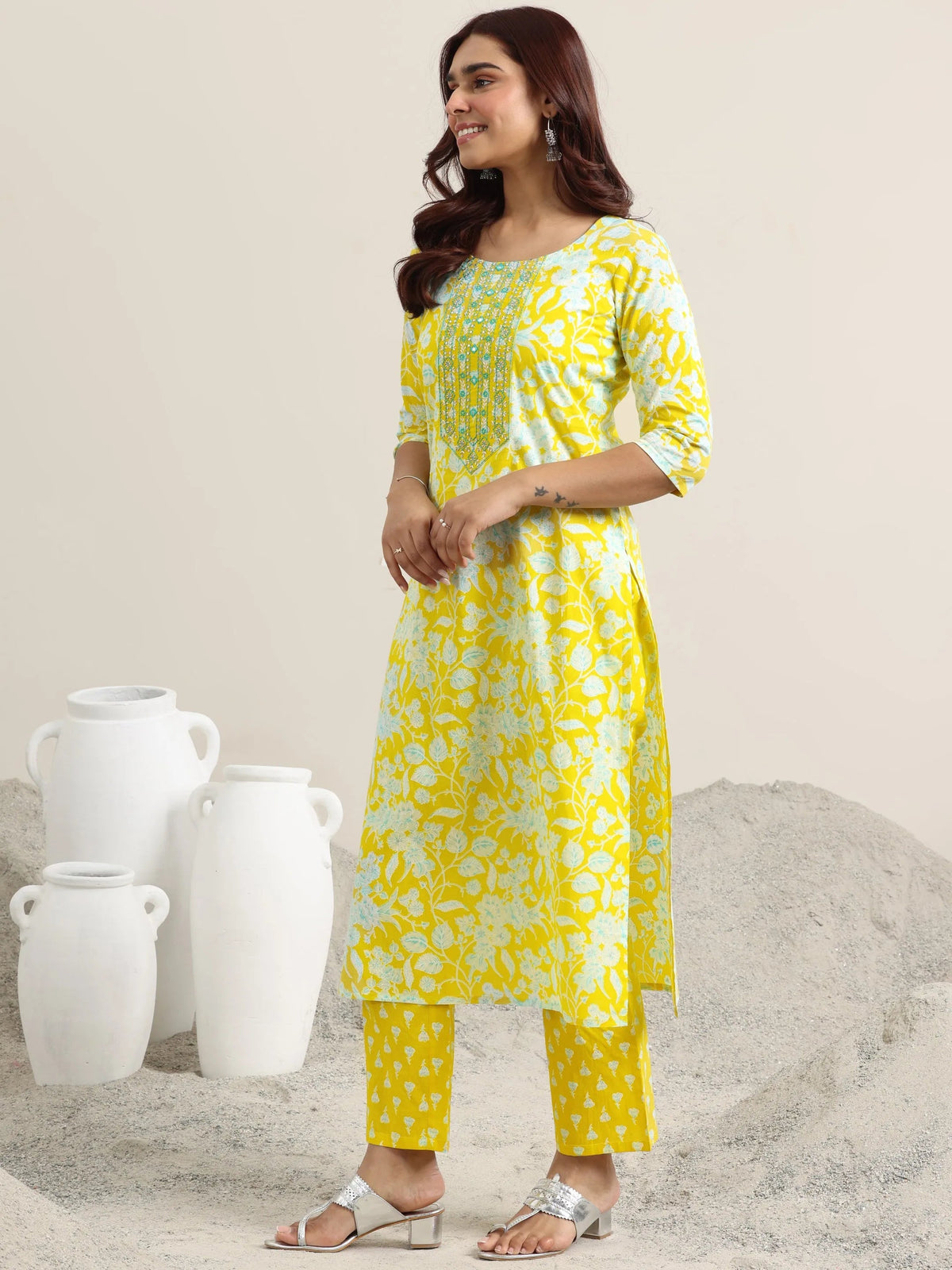 Anouk Yellow Printed Cotton Straight Suit With Dupatta