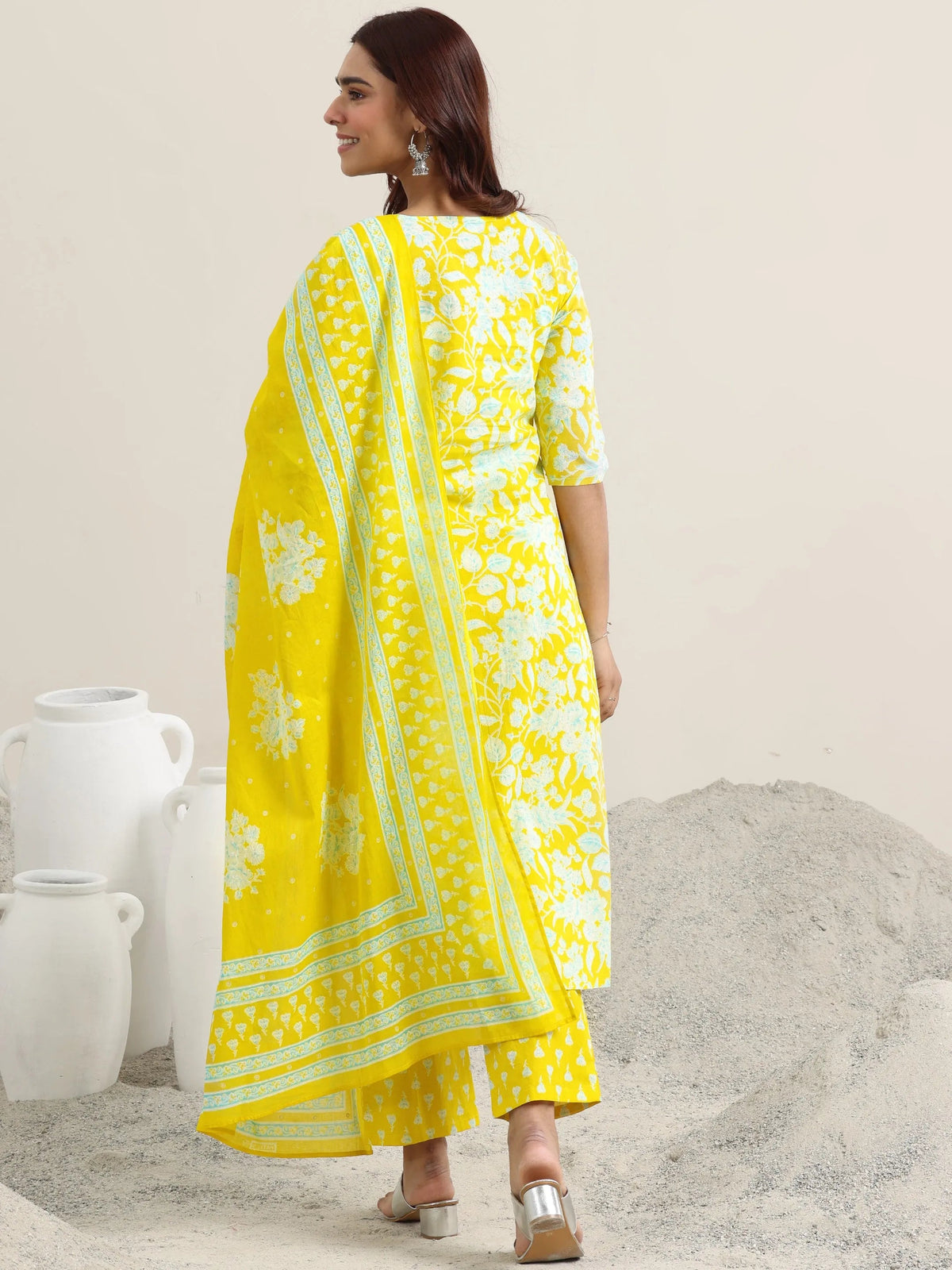 Anouk Yellow Printed Cotton Straight Suit With Dupatta