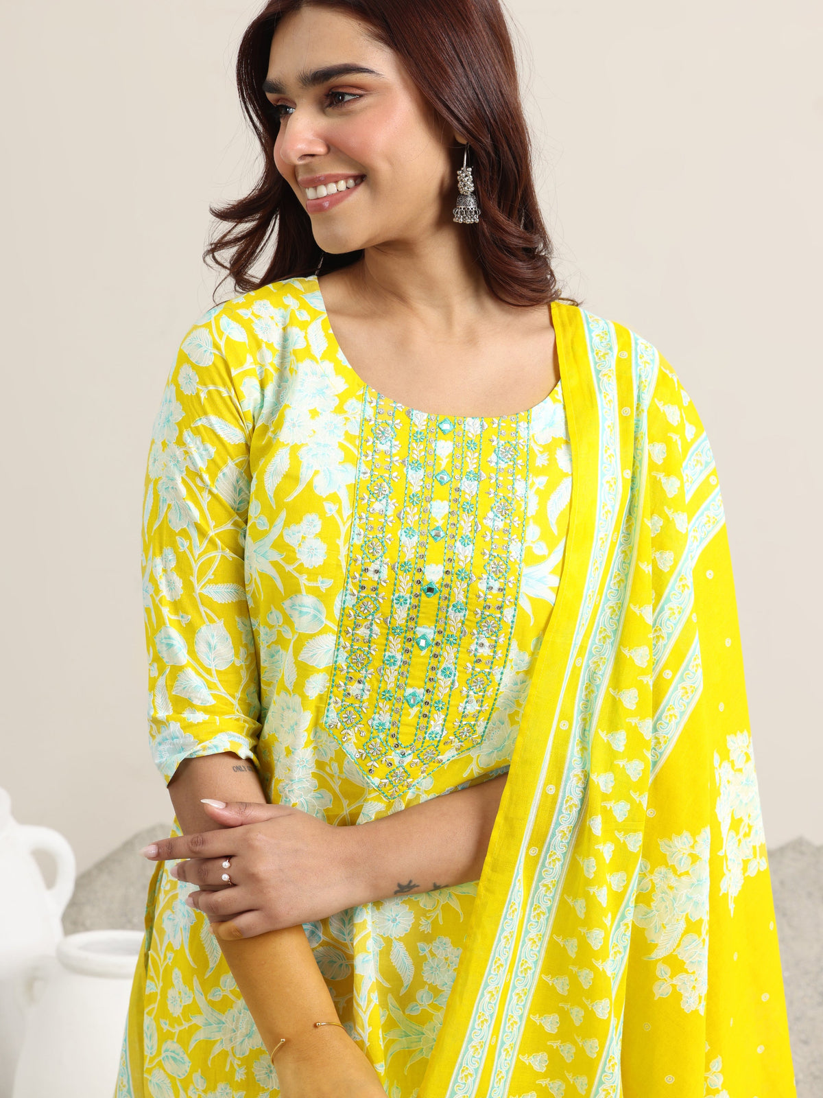 Anouk Yellow Printed Cotton Straight Suit With Dupatta