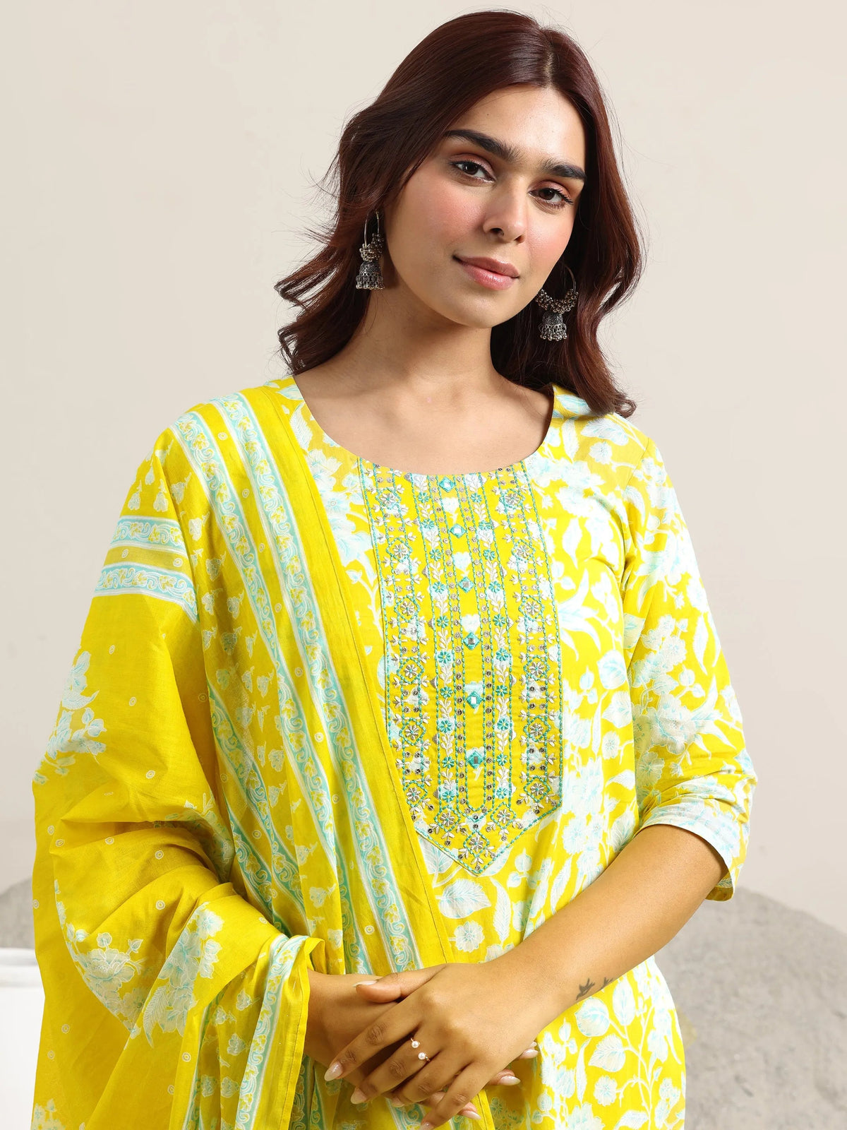 Anouk Yellow Printed Cotton Straight Suit With Dupatta