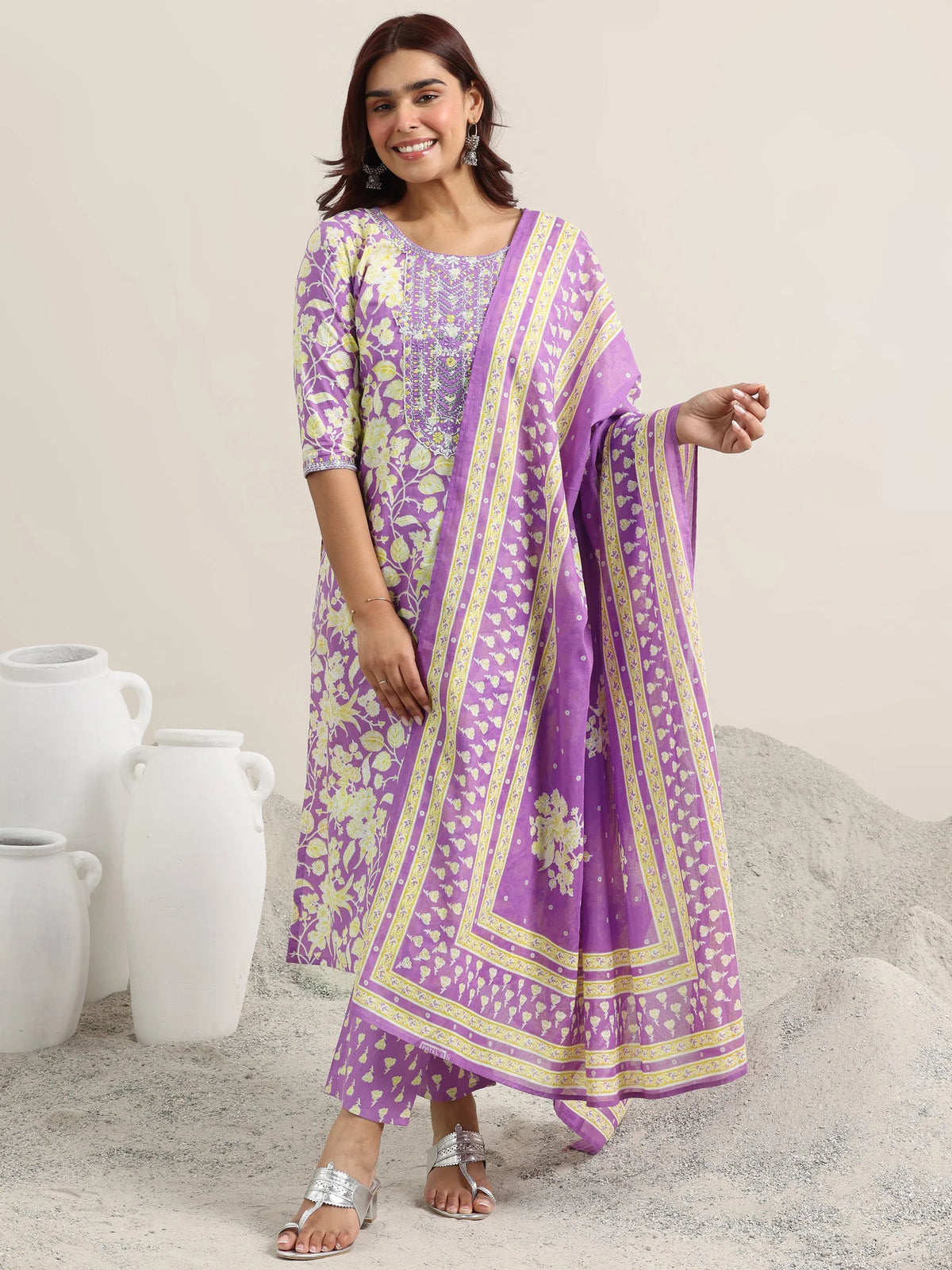 Anouk Lavender Printed Cotton Straight Suit With Dupatta