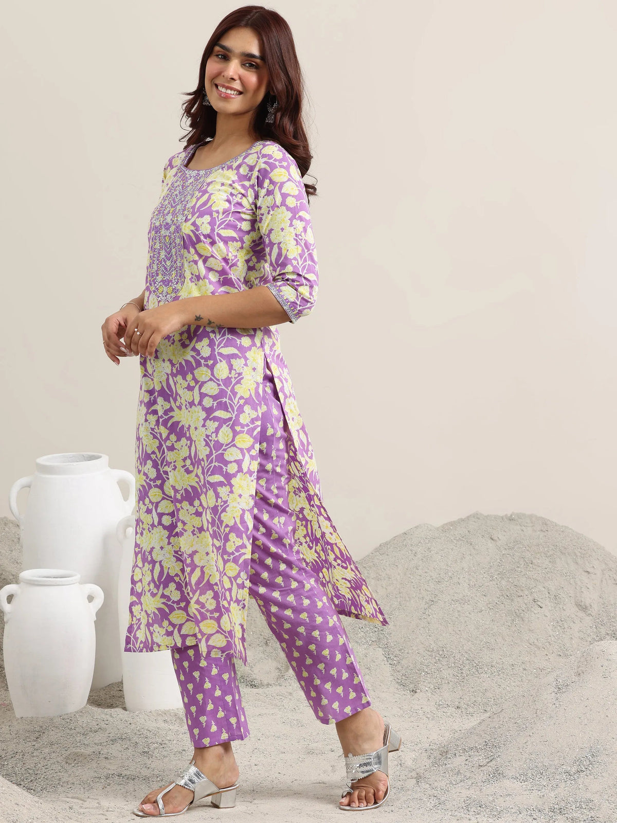 Anouk Lavender Printed Cotton Straight Suit With Dupatta