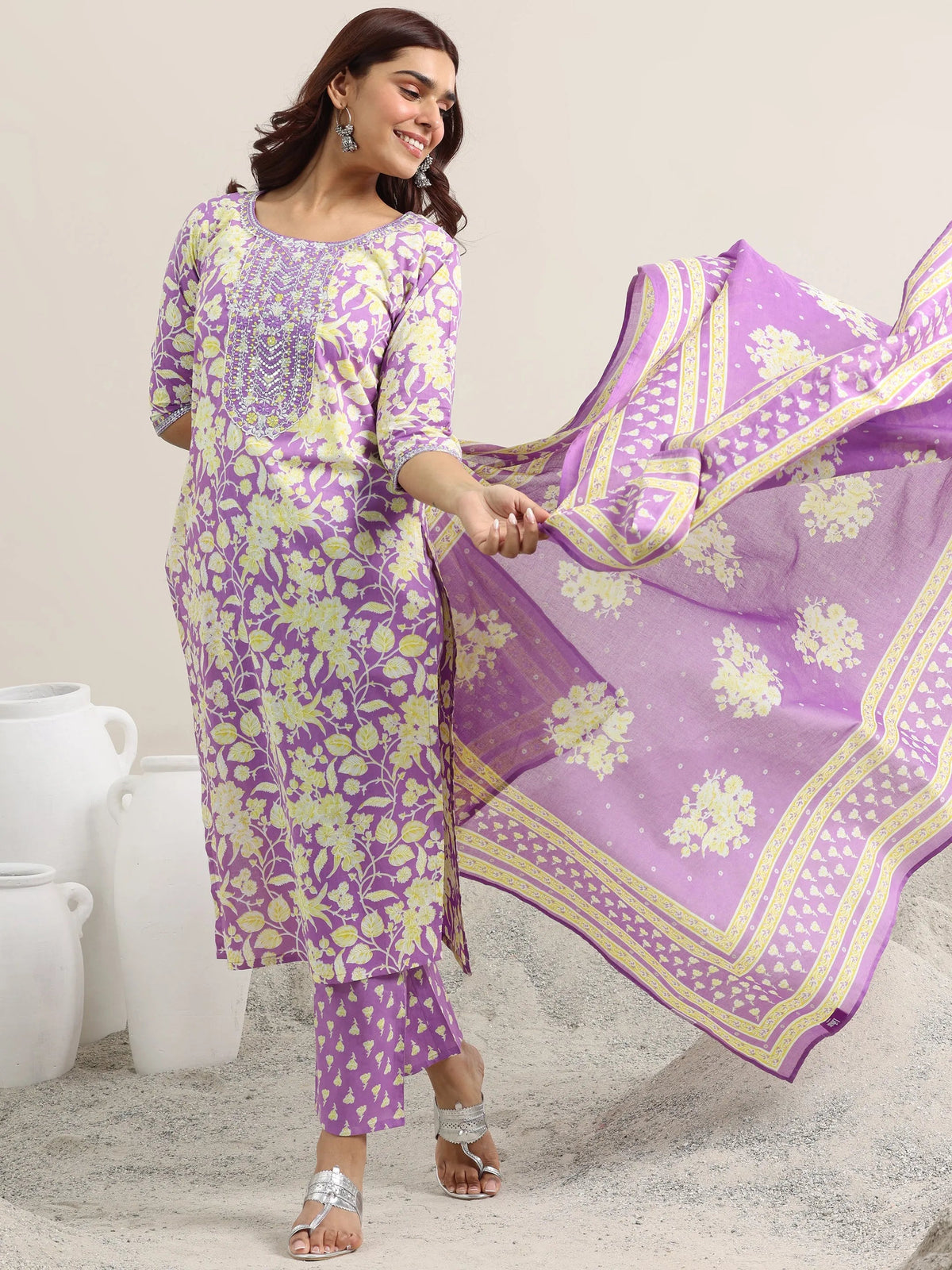 Anouk Lavender Printed Cotton Straight Suit With Dupatta