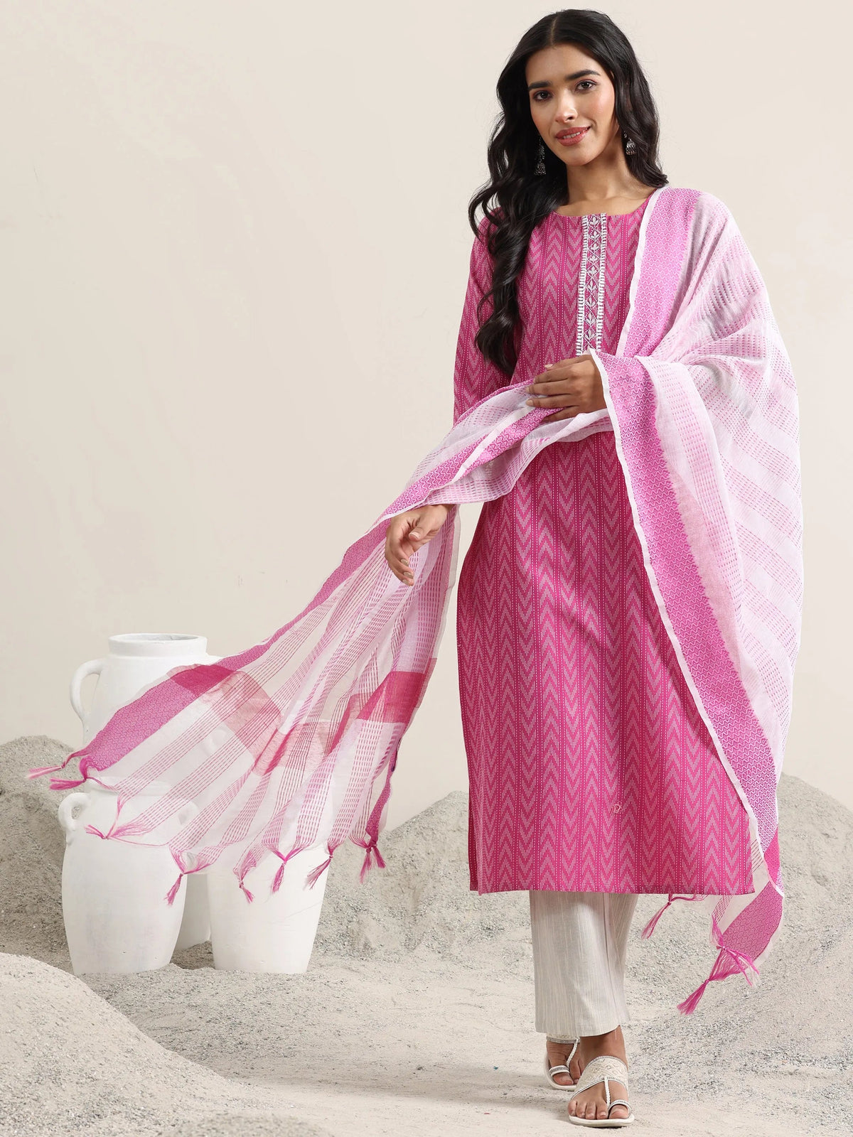 Anouk Pink Woven Design Cotton Straight Suit With Dupatta