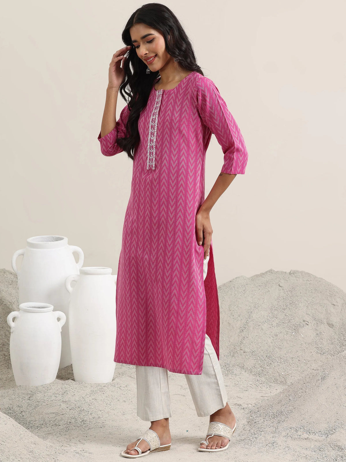 Anouk Pink Woven Design Cotton Straight Suit With Dupatta