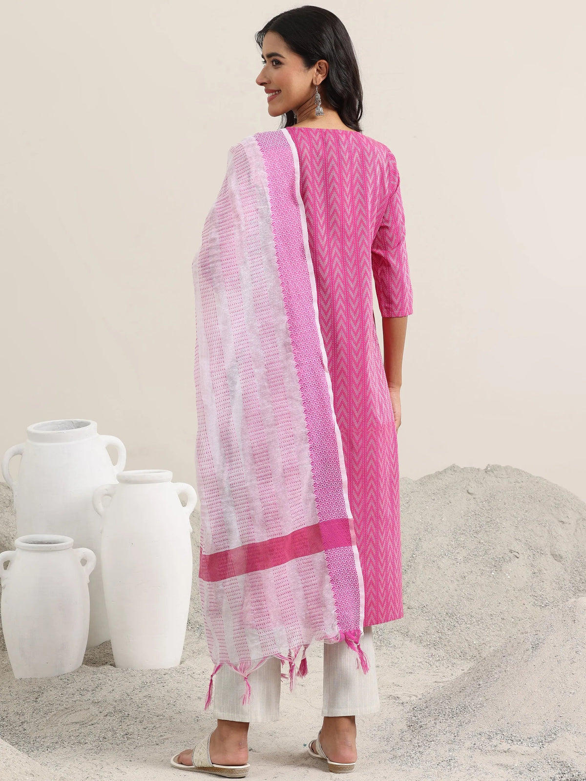Anouk Pink Woven Design Cotton Straight Suit With Dupatta