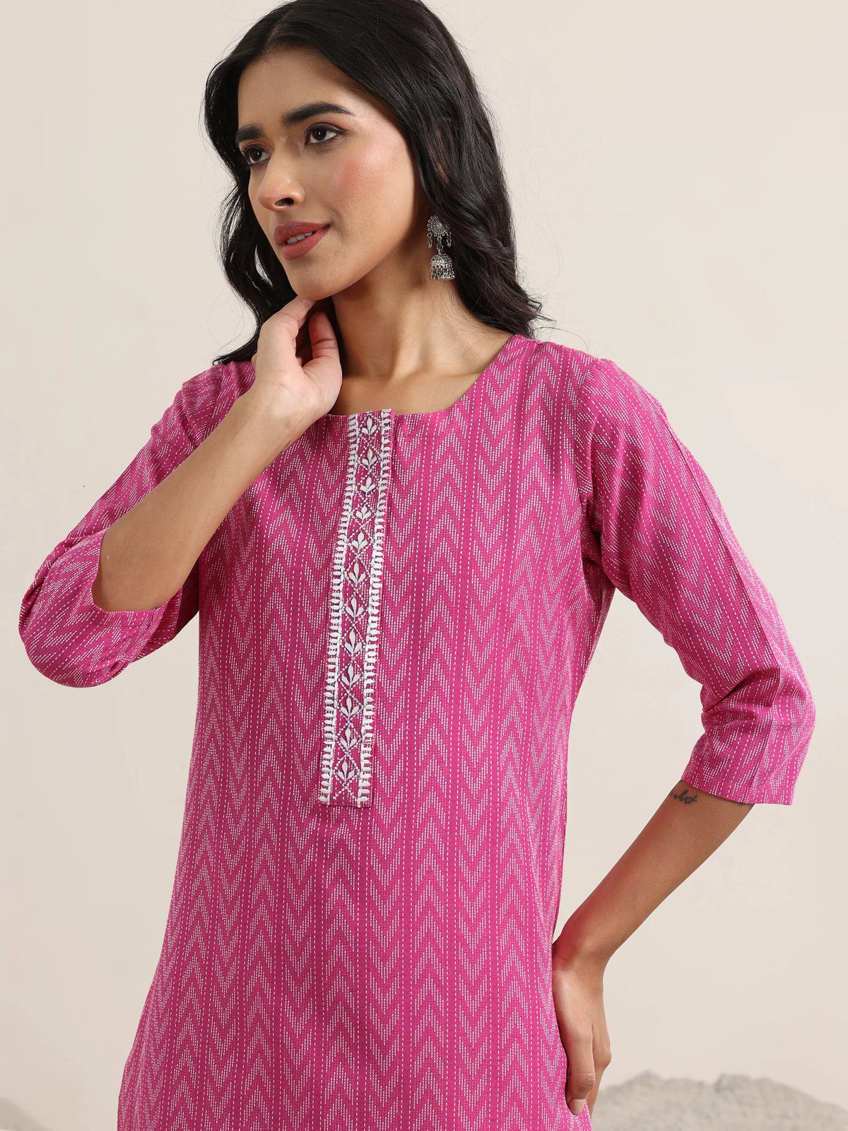 Anouk Pink Woven Design Cotton Straight Suit With Dupatta