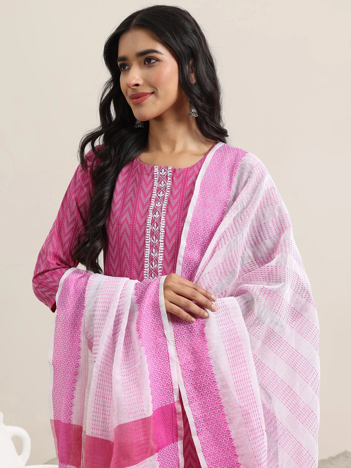 Anouk Pink Woven Design Cotton Straight Suit With Dupatta