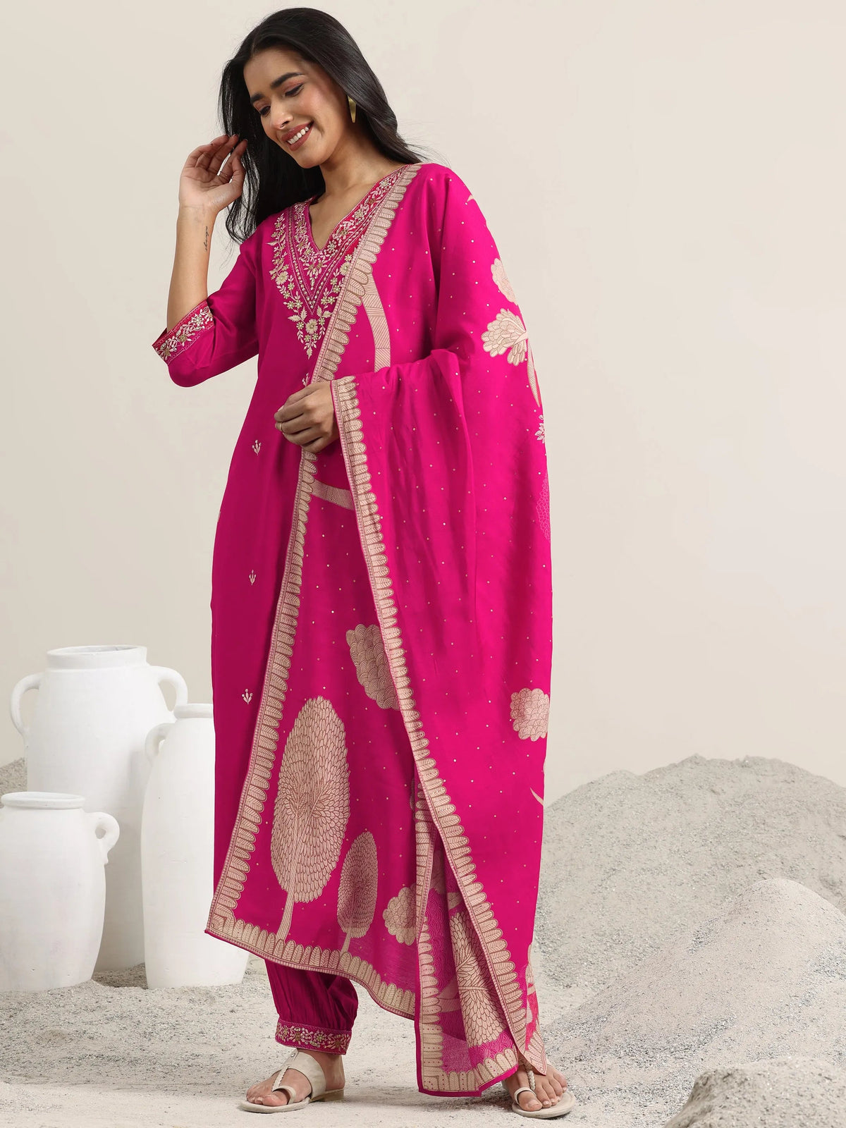 Anouk Pink Embroidered Rayon Straight Suit With Dupatta