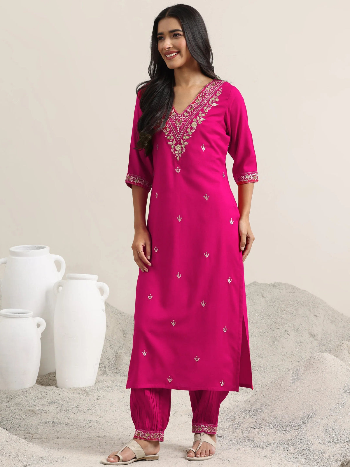 Anouk Pink Embroidered Rayon Straight Suit With Dupatta