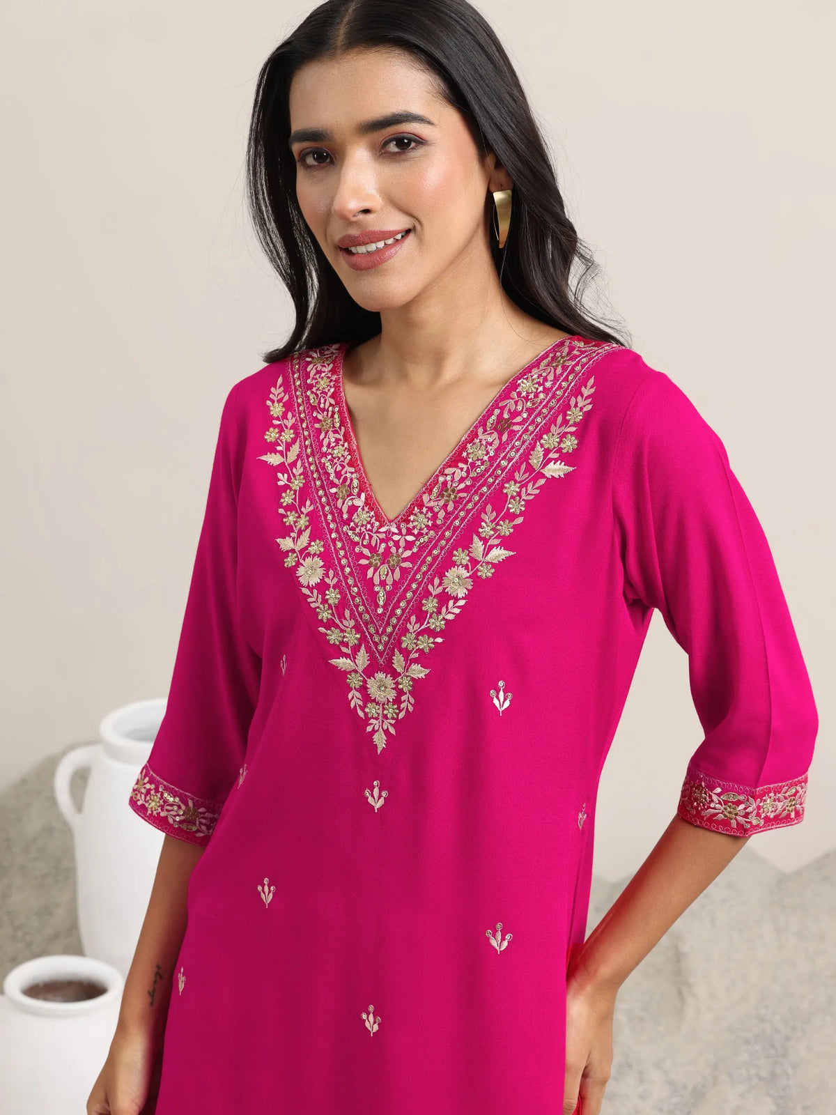 Anouk Pink Embroidered Rayon Straight Suit With Dupatta