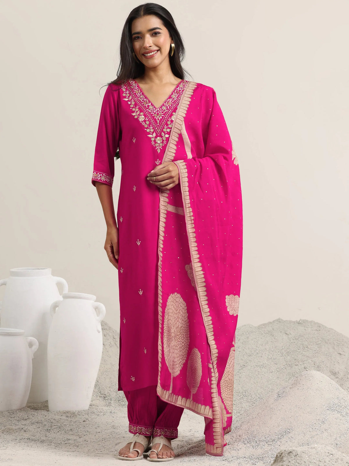 Anouk Pink Embroidered Rayon Straight Suit With Dupatta