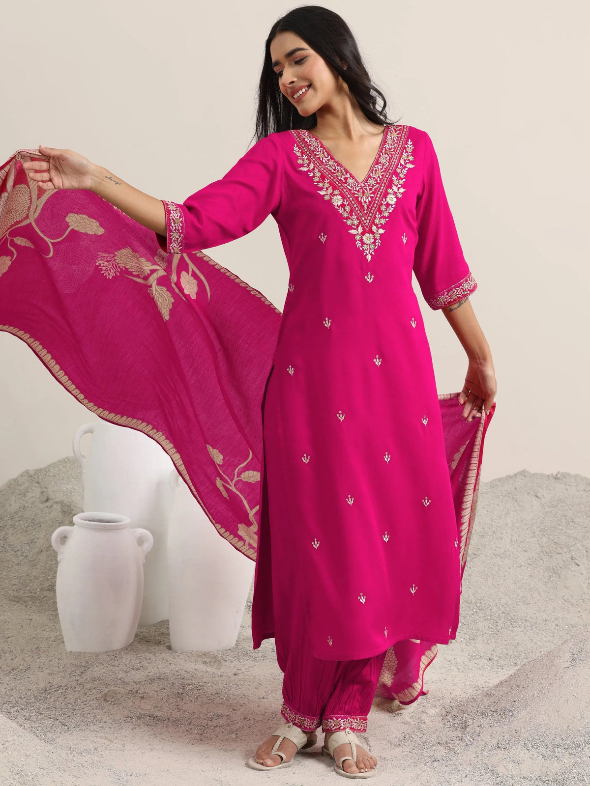 Anouk Pink Embroidered Rayon Straight Suit With Dupatta