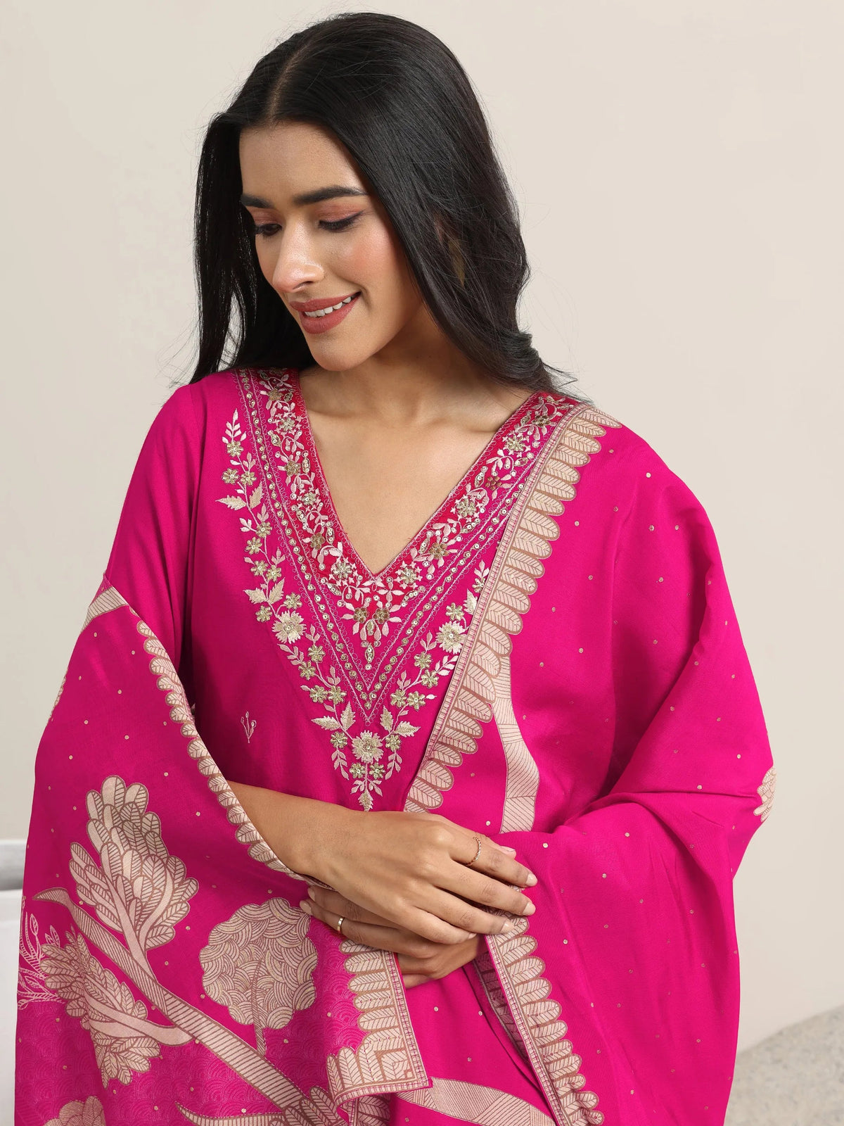 Anouk Pink Embroidered Rayon Straight Suit With Dupatta