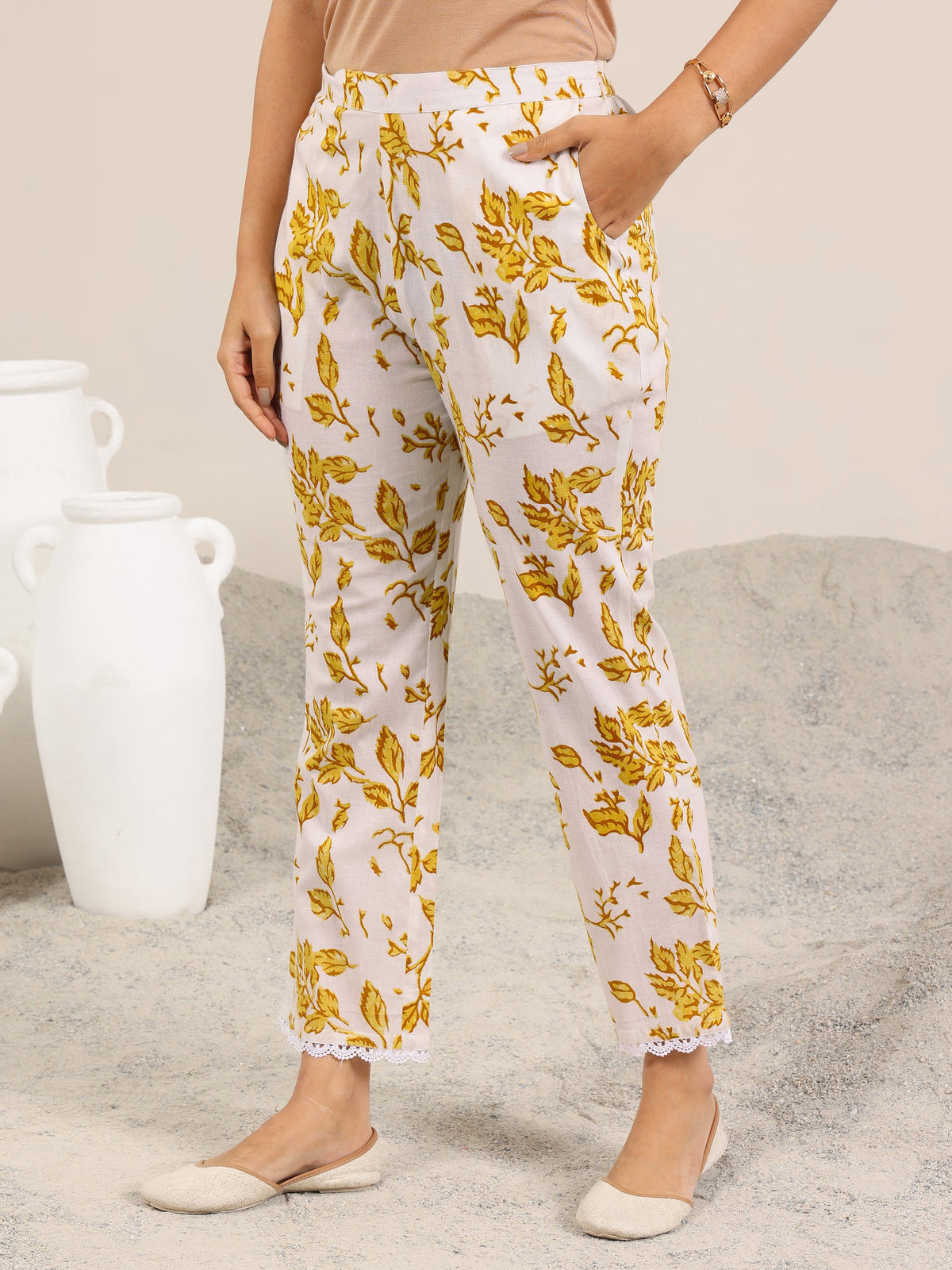 Anouk Off White Printed Pure Cotton A-Line Kurta Set