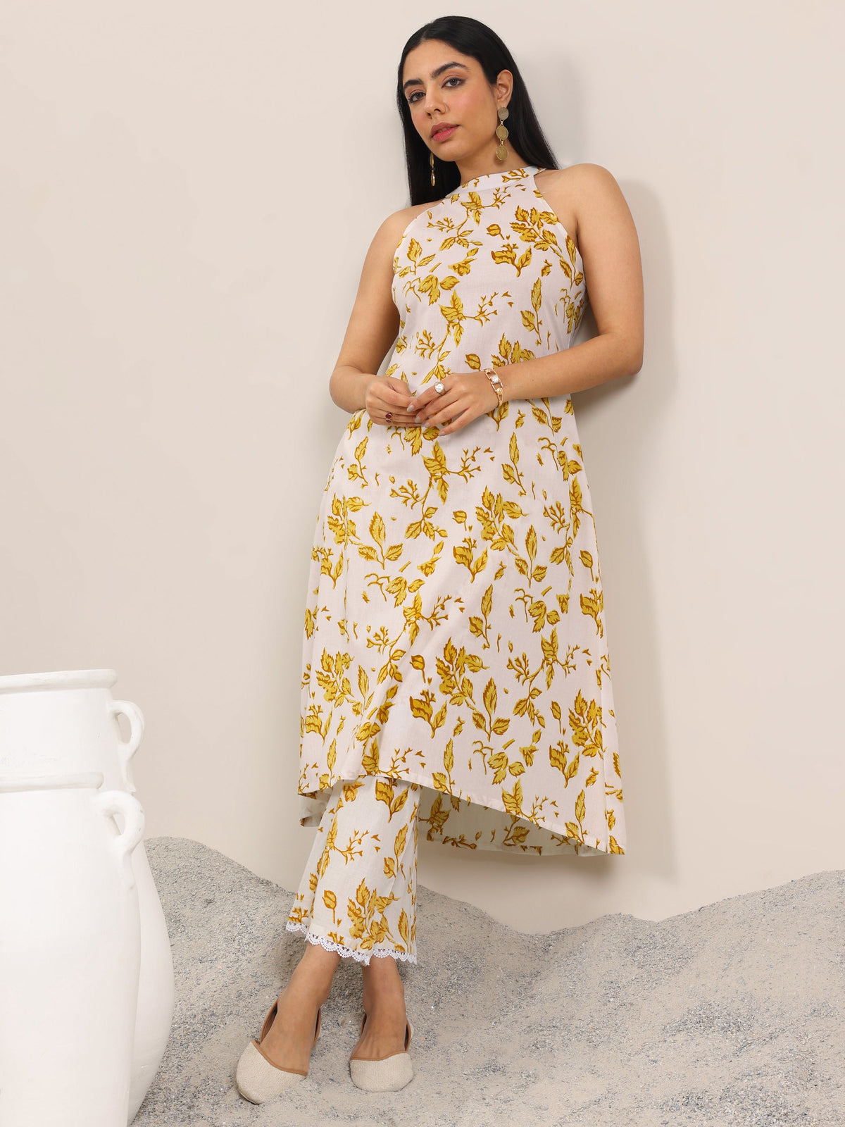 Anouk Off White Printed Pure Cotton A-Line Kurta Set