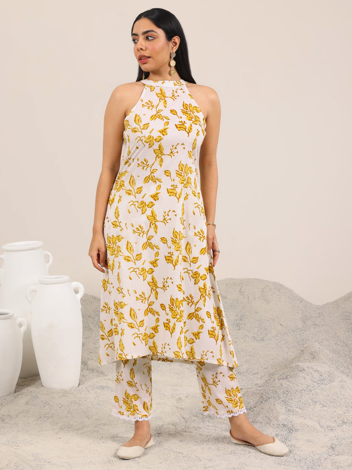 Anouk Off White Printed Pure Cotton A-Line Kurta Set